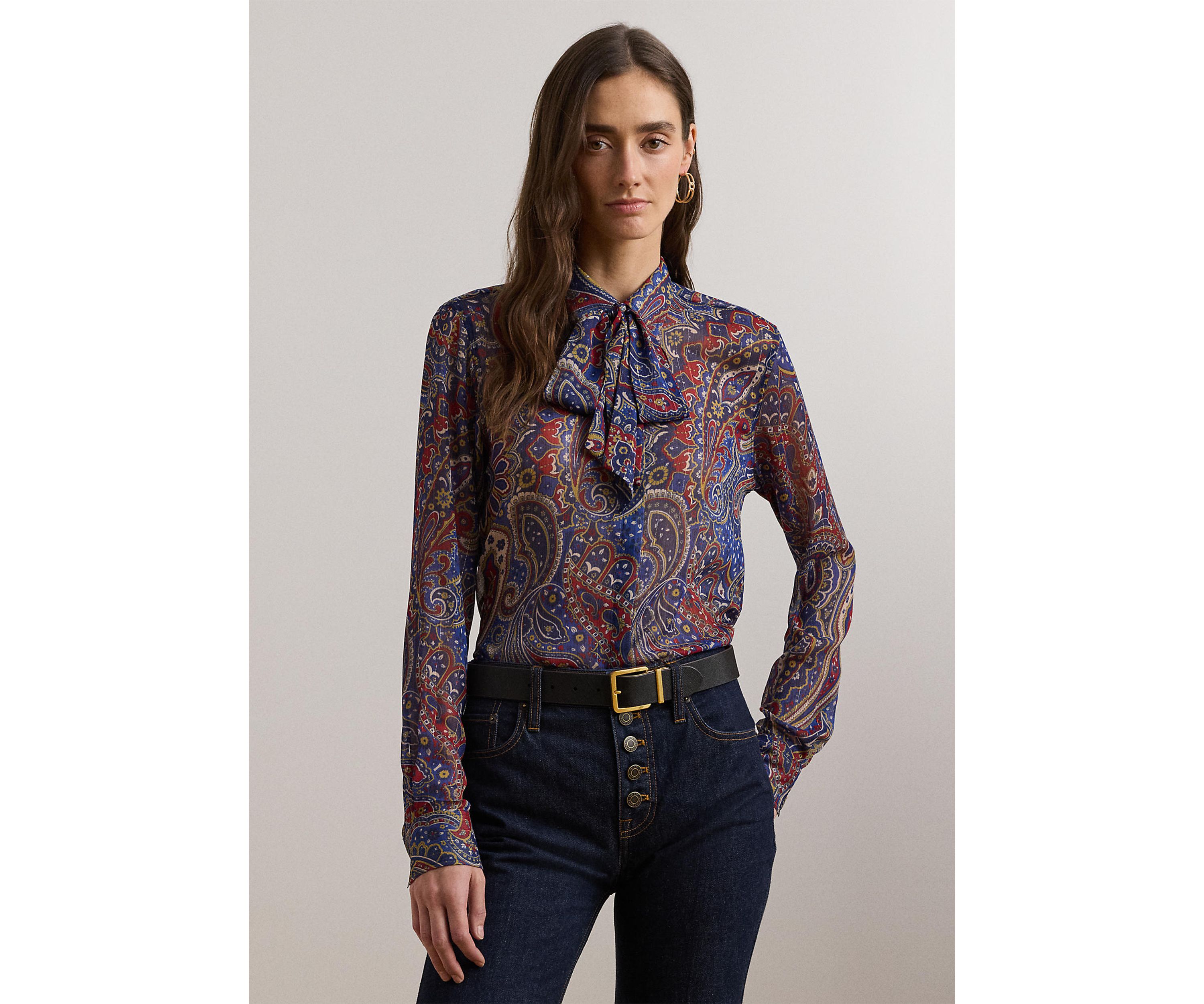 Womens Classic Fit Print Chiffon Tie-Neck Shirt