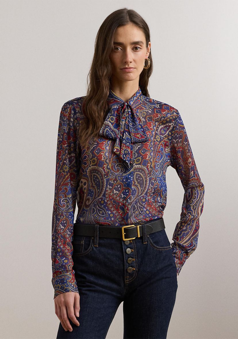 Womens Classic Fit Print Chiffon Tie-Neck Shirt