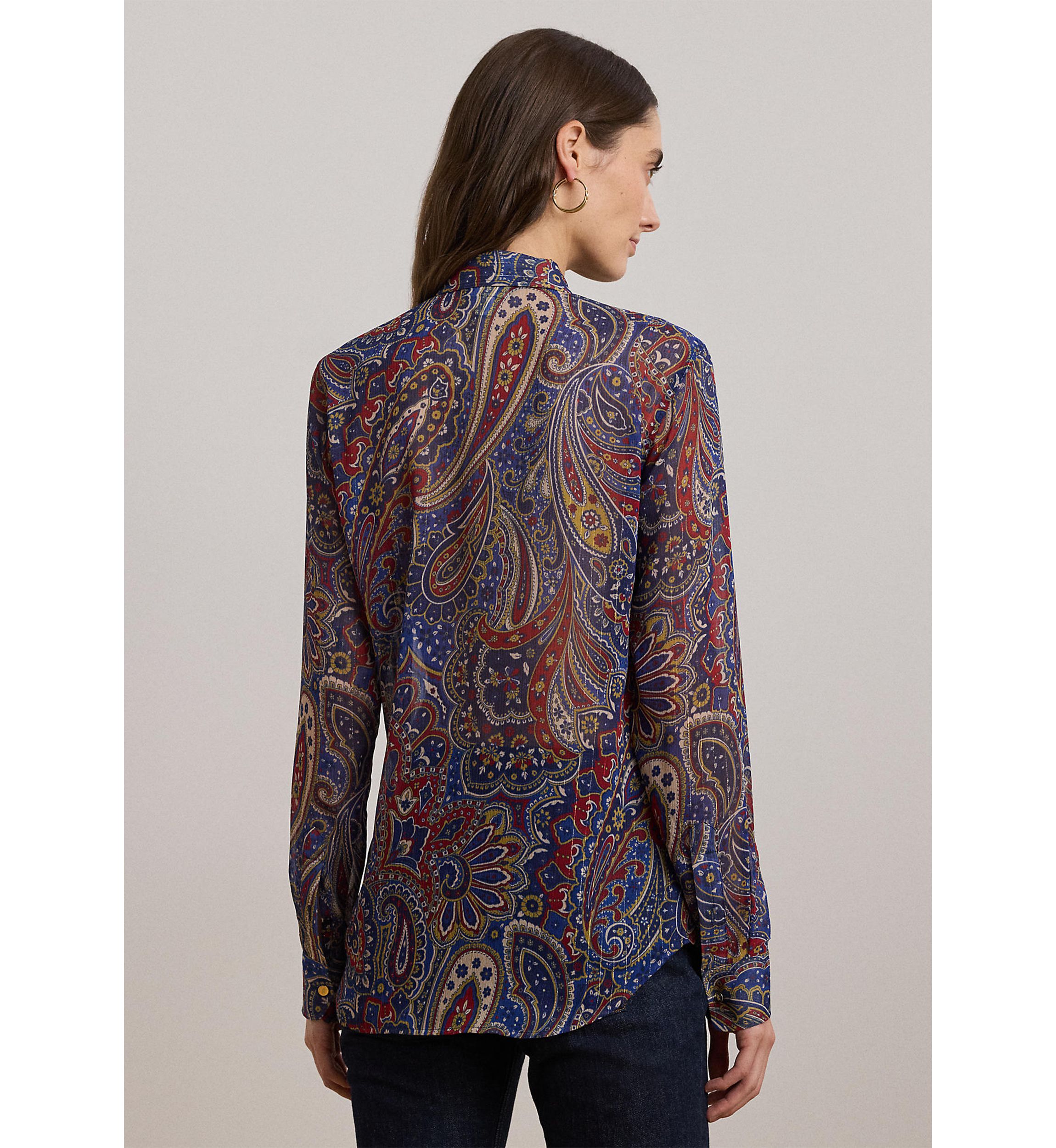Womens Classic Fit Print Chiffon Tie-Neck Shirt