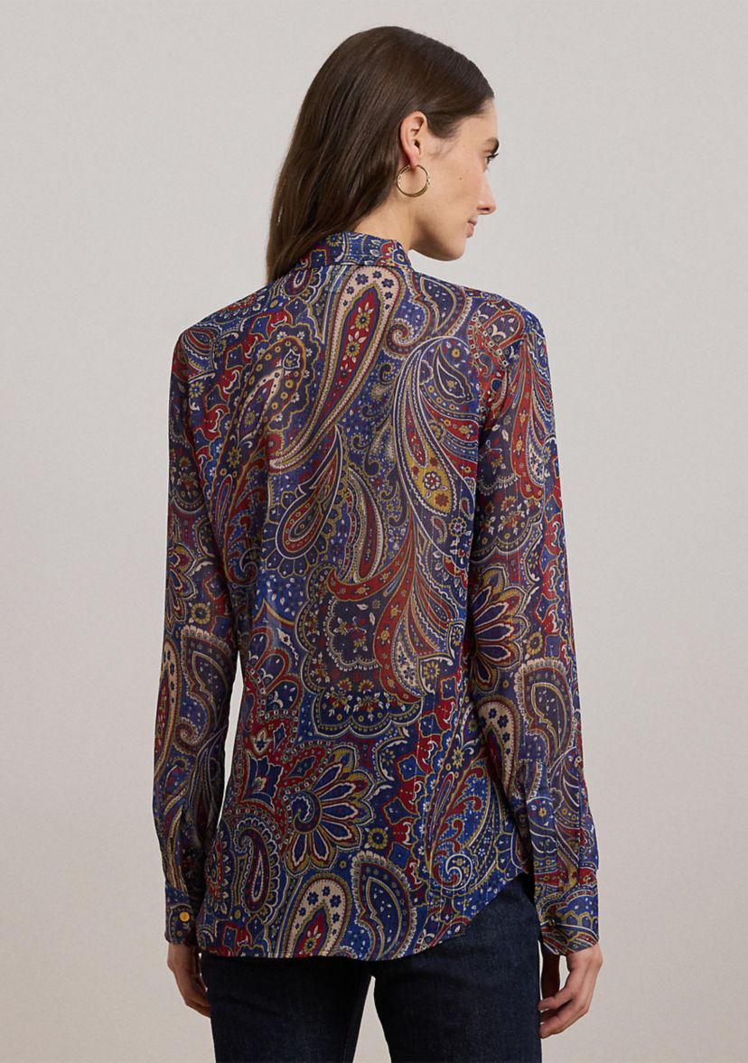Womens Classic Fit Print Chiffon Tie-Neck Shirt
