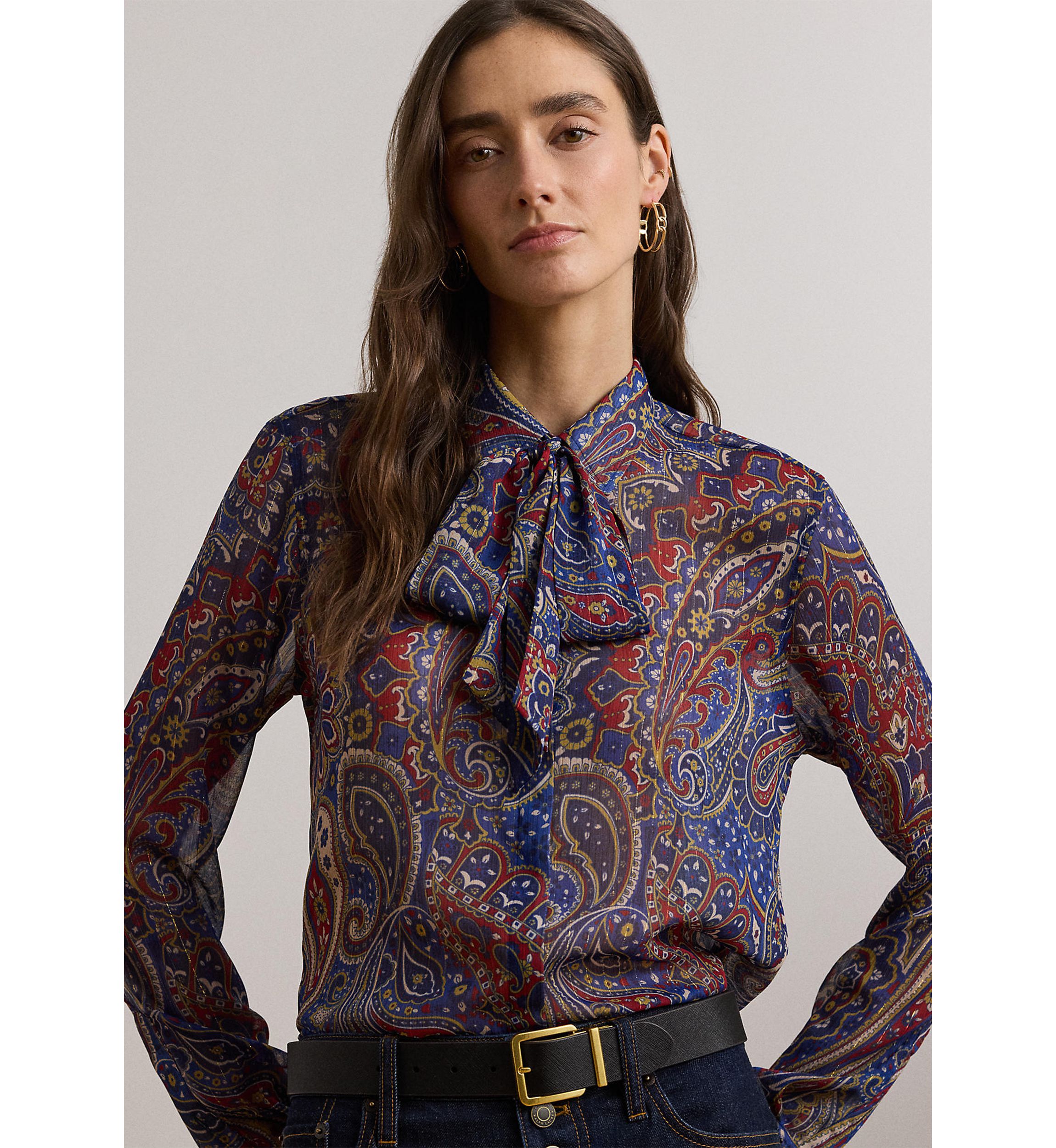 Womens Classic Fit Print Chiffon Tie-Neck Shirt