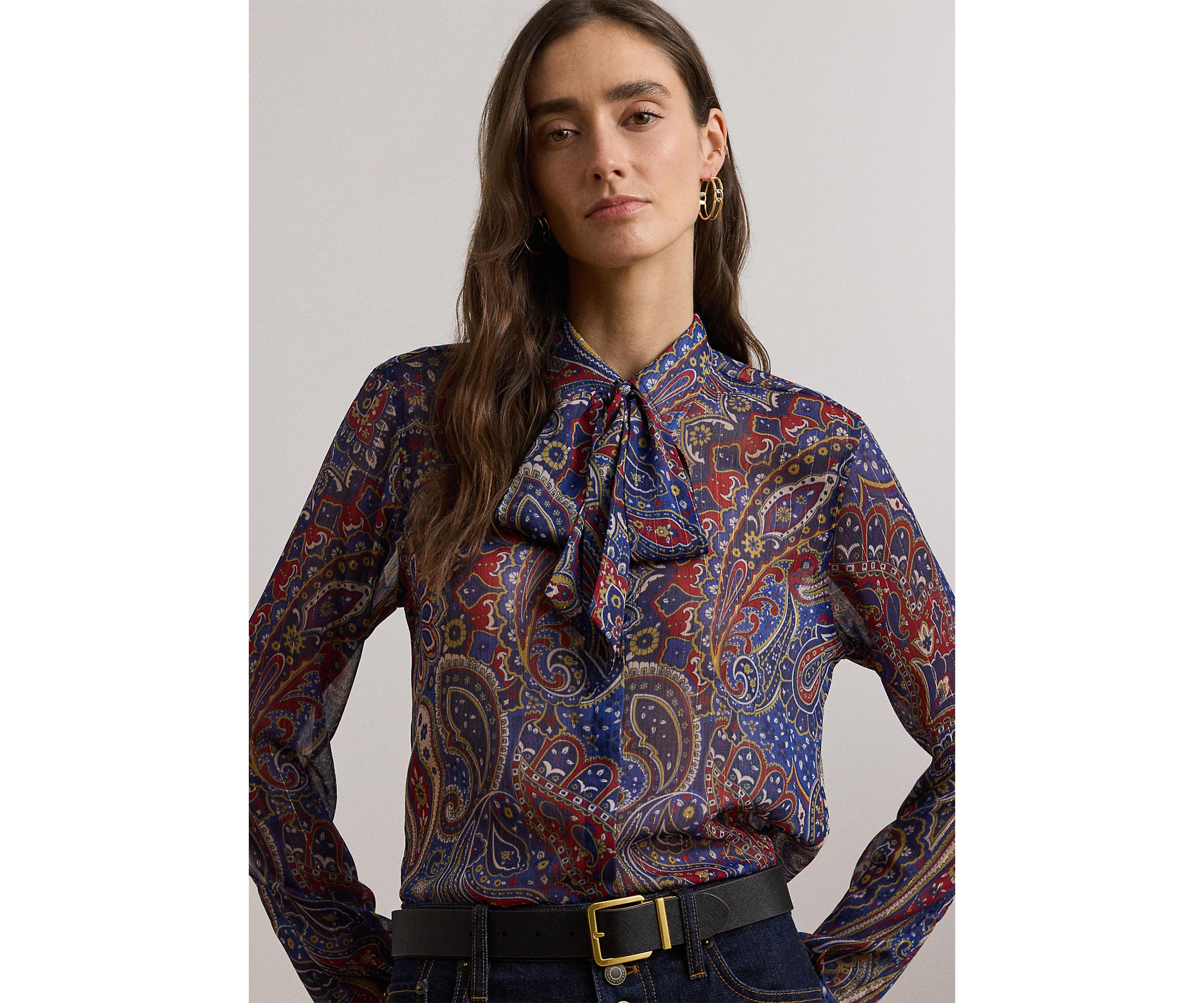 Womens Classic Fit Print Chiffon Tie-Neck Shirt