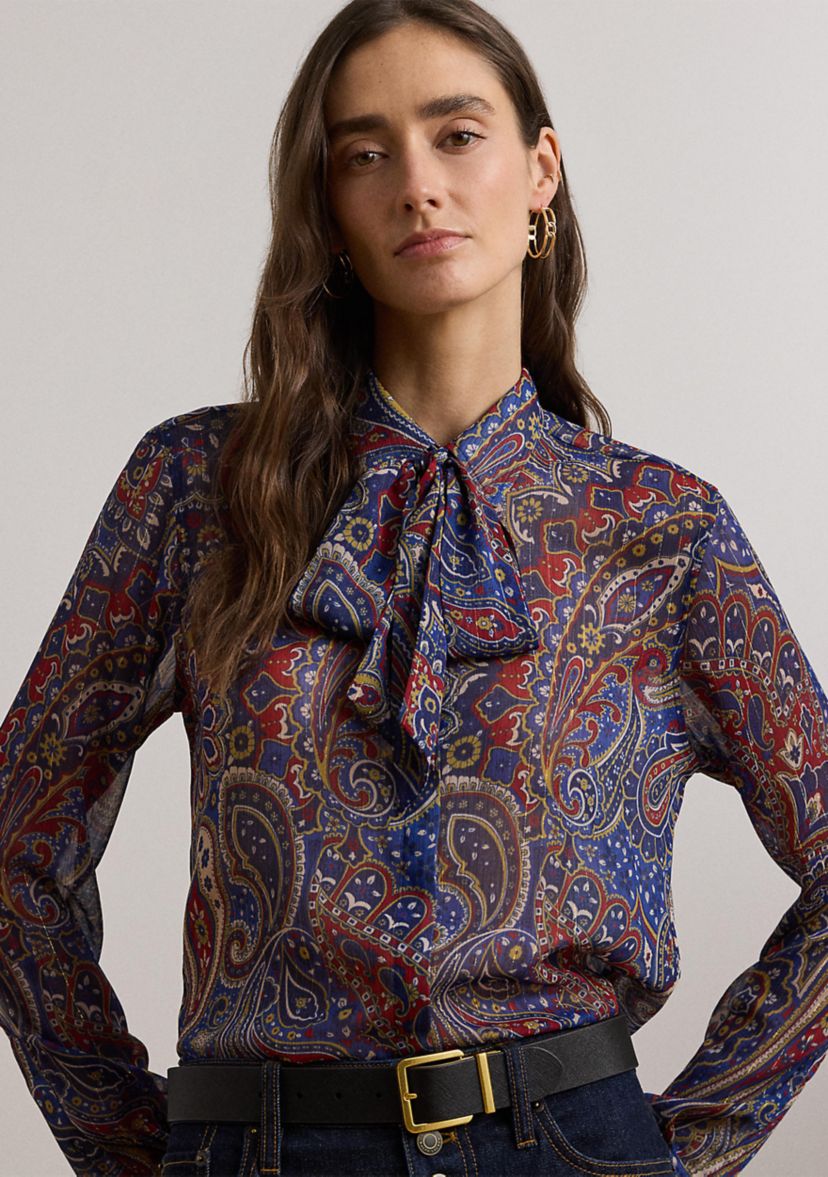 Womens Classic Fit Print Chiffon Tie-Neck Shirt