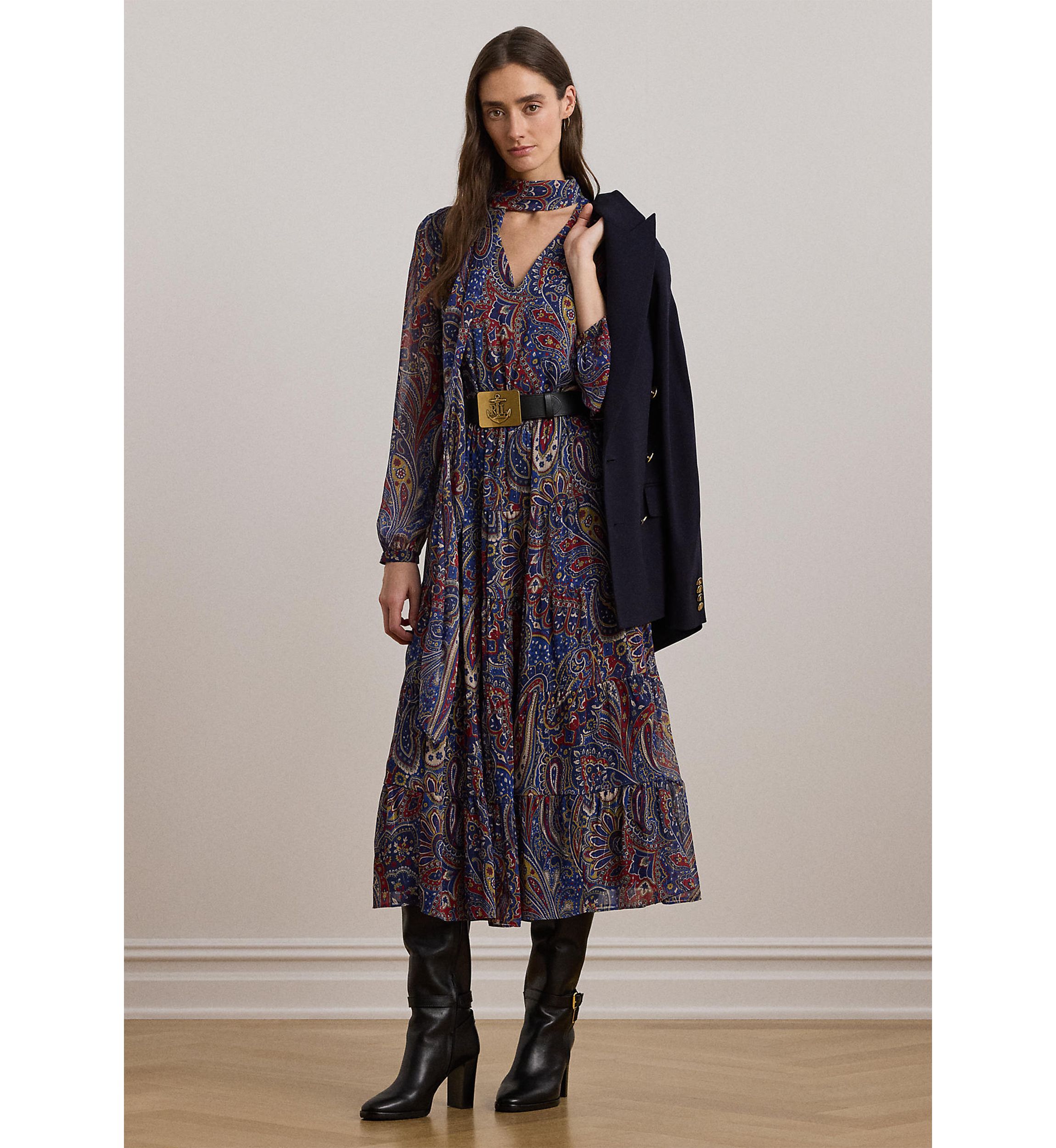 Womens Paisley Chiffon Tiered Tie-Neck Dress