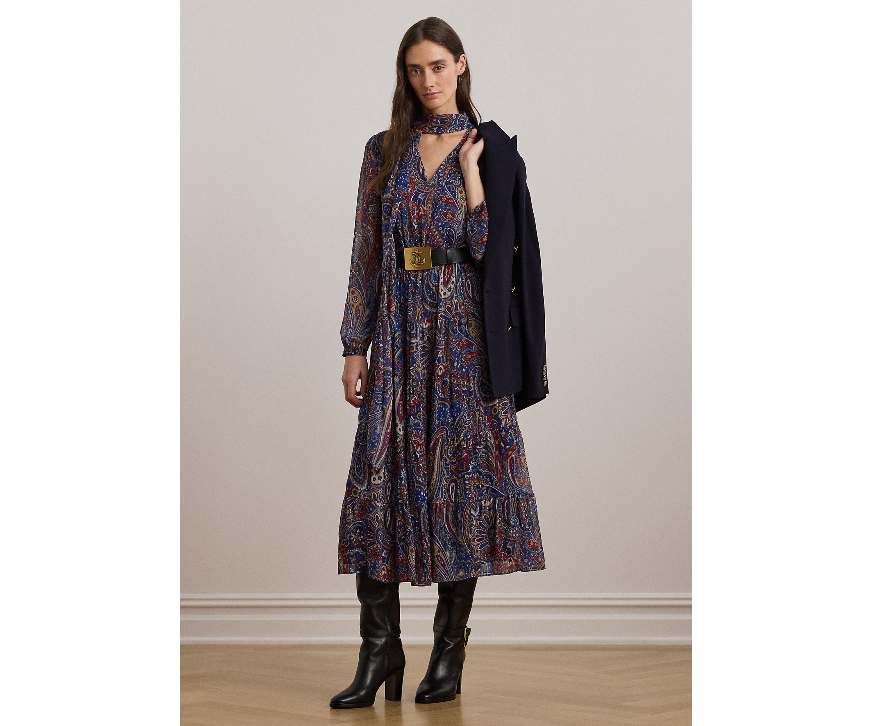 Womens Paisley Chiffon Tiered Tie-Neck Dress