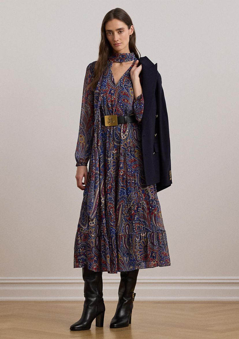 Womens Paisley Chiffon Tiered Tie-Neck Dress