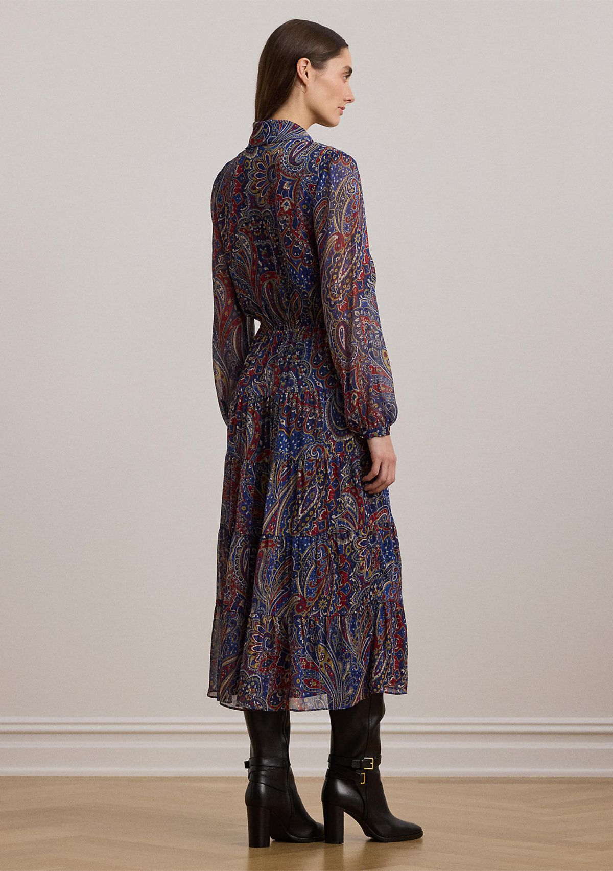 Womens Paisley Chiffon Tiered Tie-Neck Dress