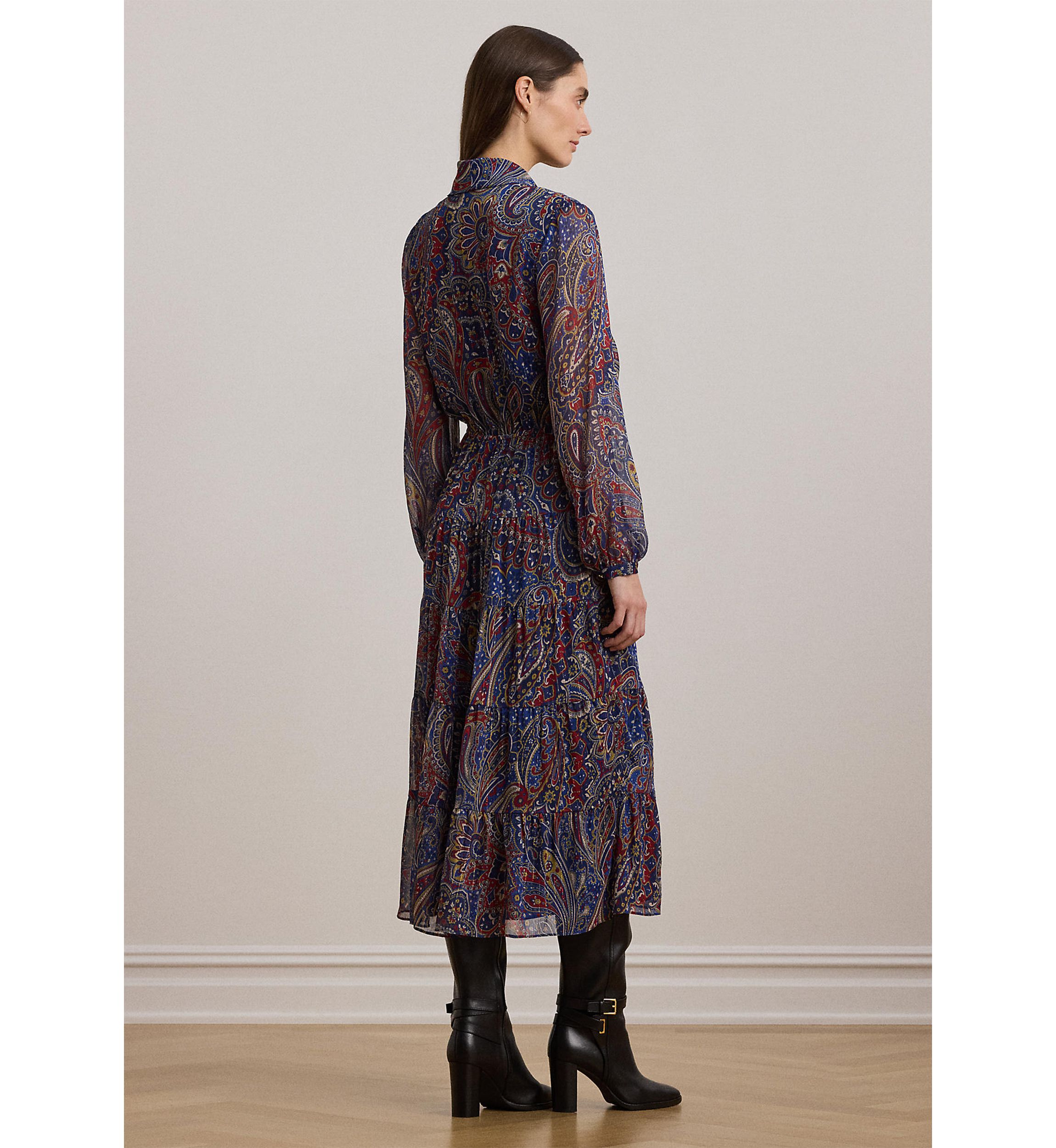 Womens Paisley Chiffon Tiered Tie-Neck Dress