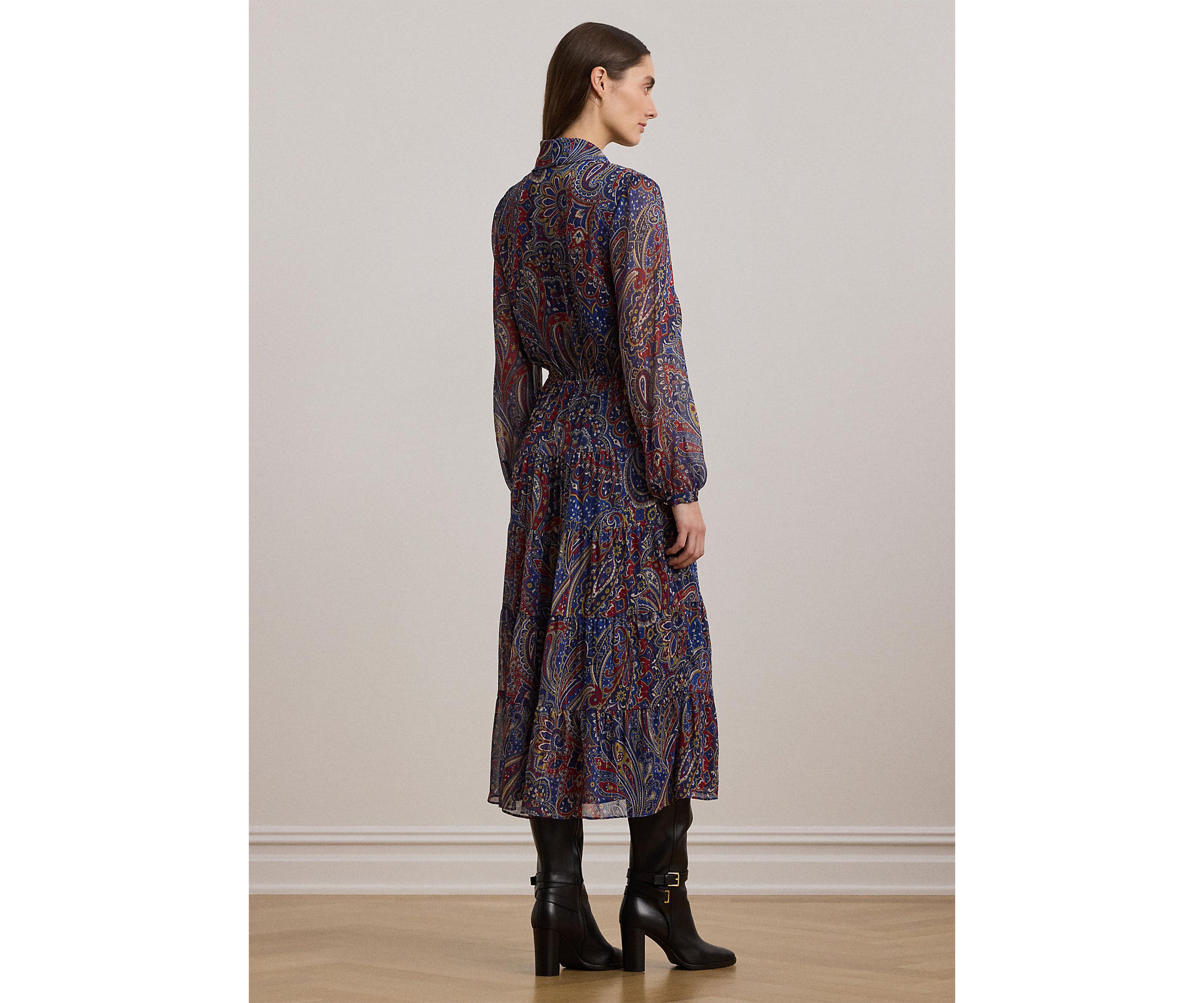 Womens Paisley Chiffon Tiered Tie-Neck Dress