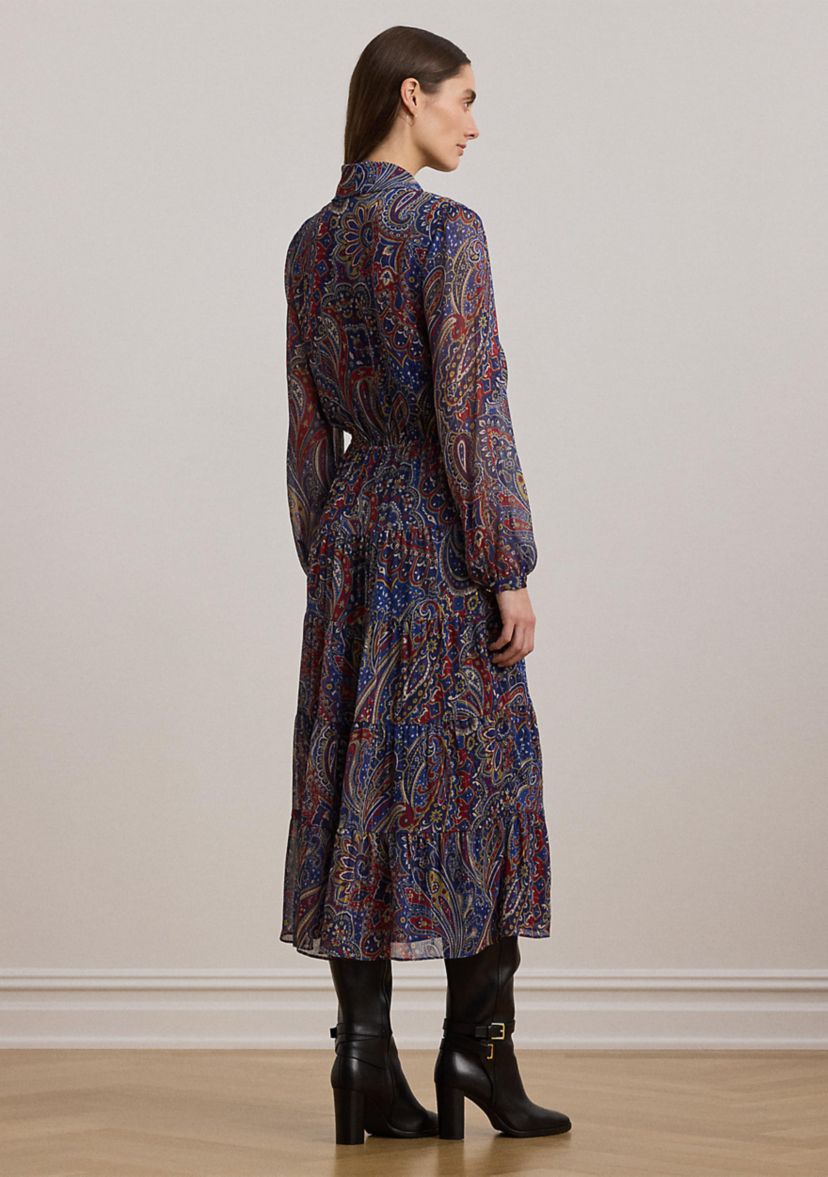 Womens Paisley Chiffon Tiered Tie-Neck Dress