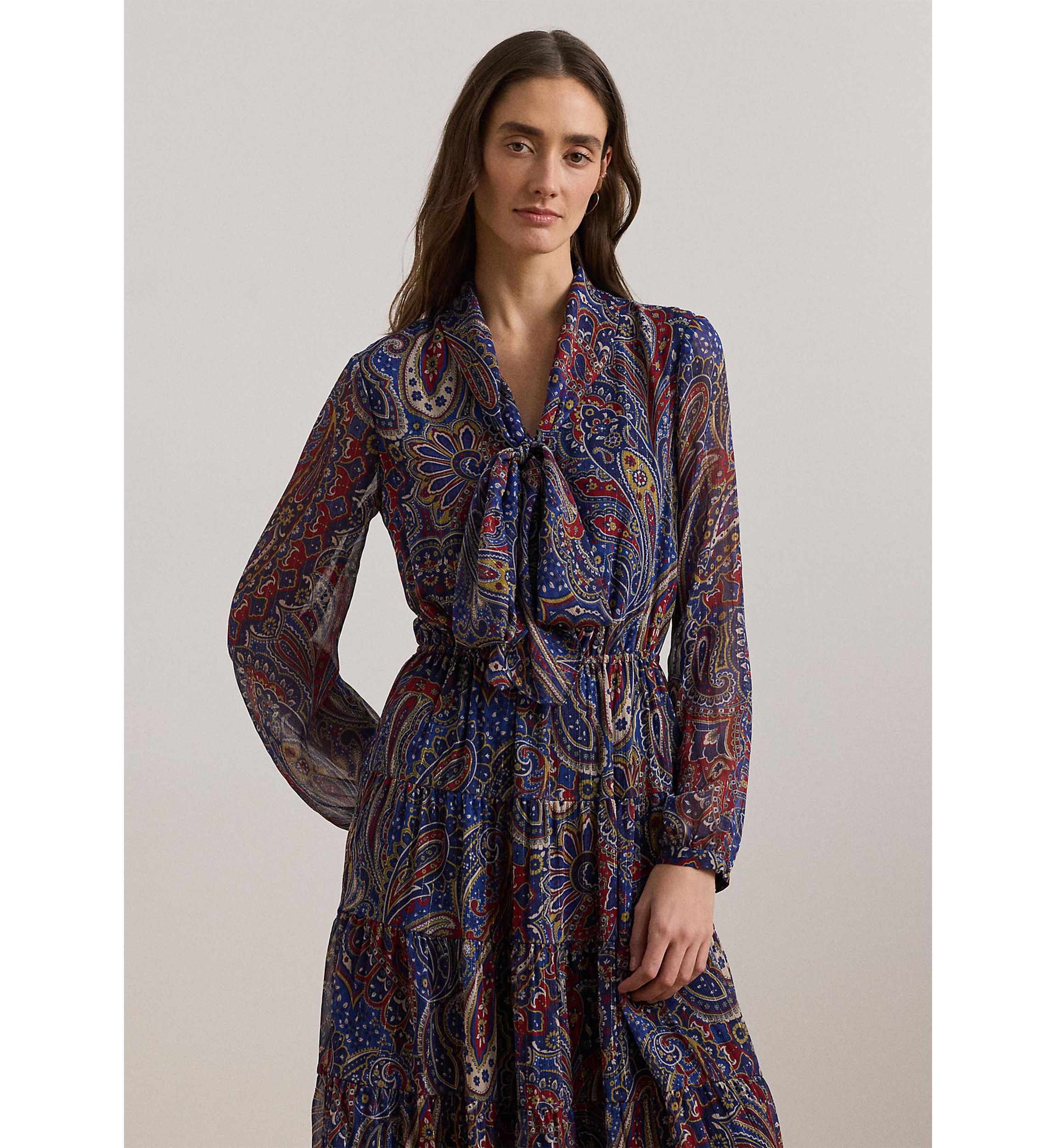 Womens Paisley Chiffon Tiered Tie-Neck Dress