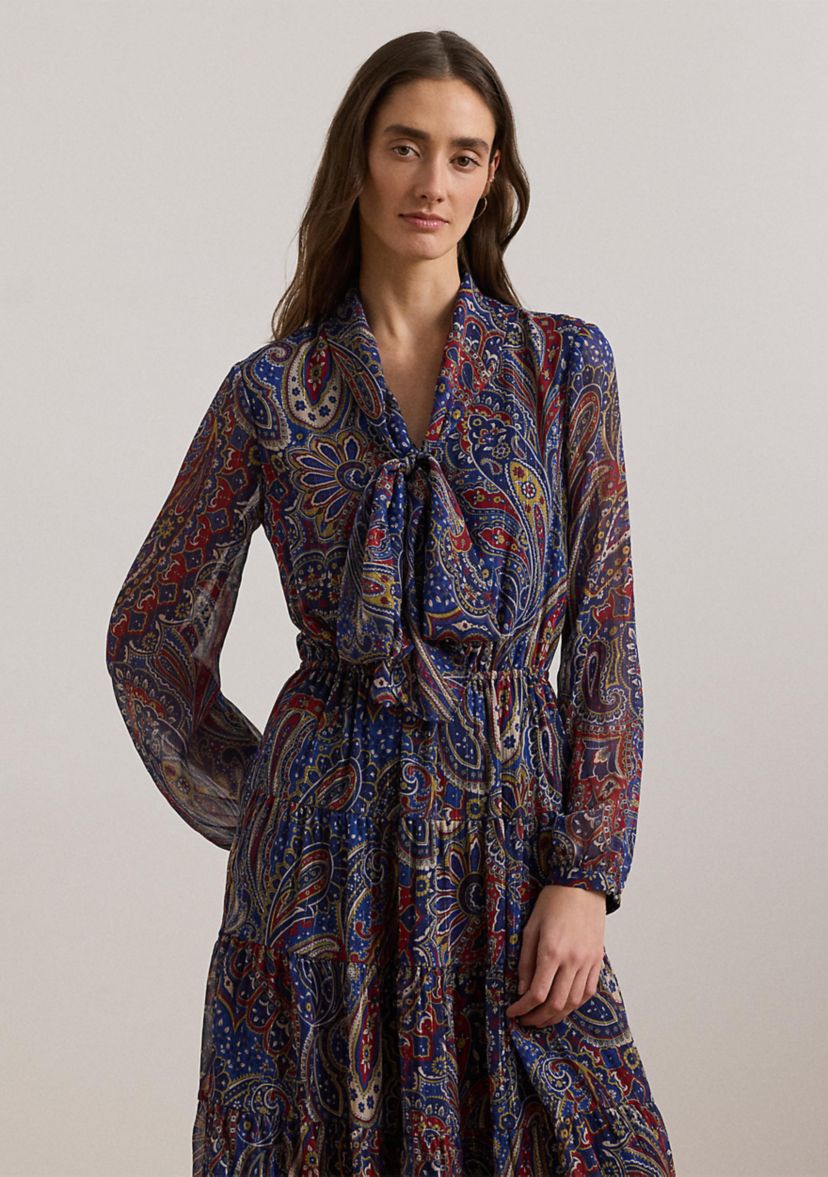 Womens Paisley Chiffon Tiered Tie-Neck Dress