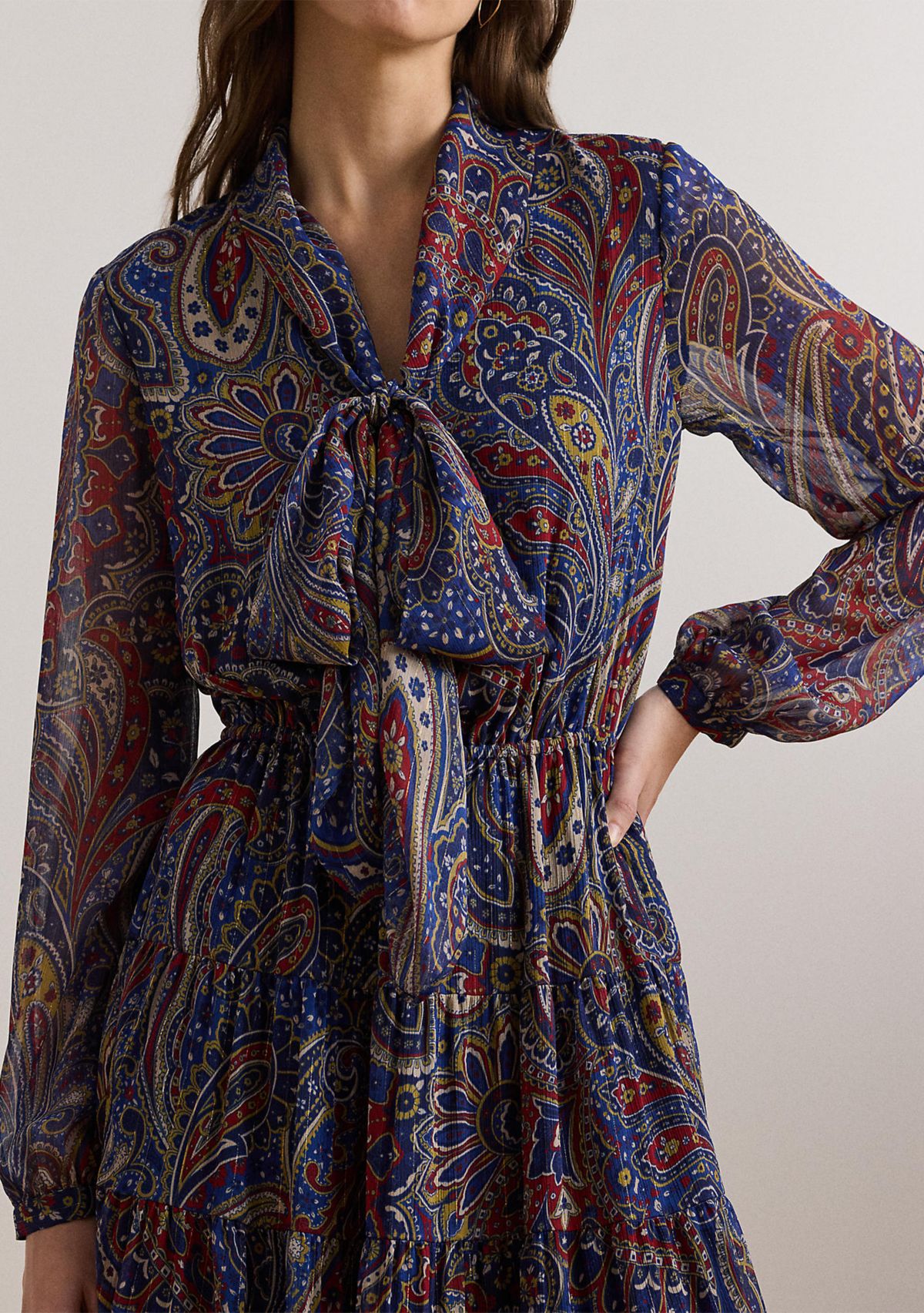 Womens Paisley Chiffon Tiered Tie-Neck Dress