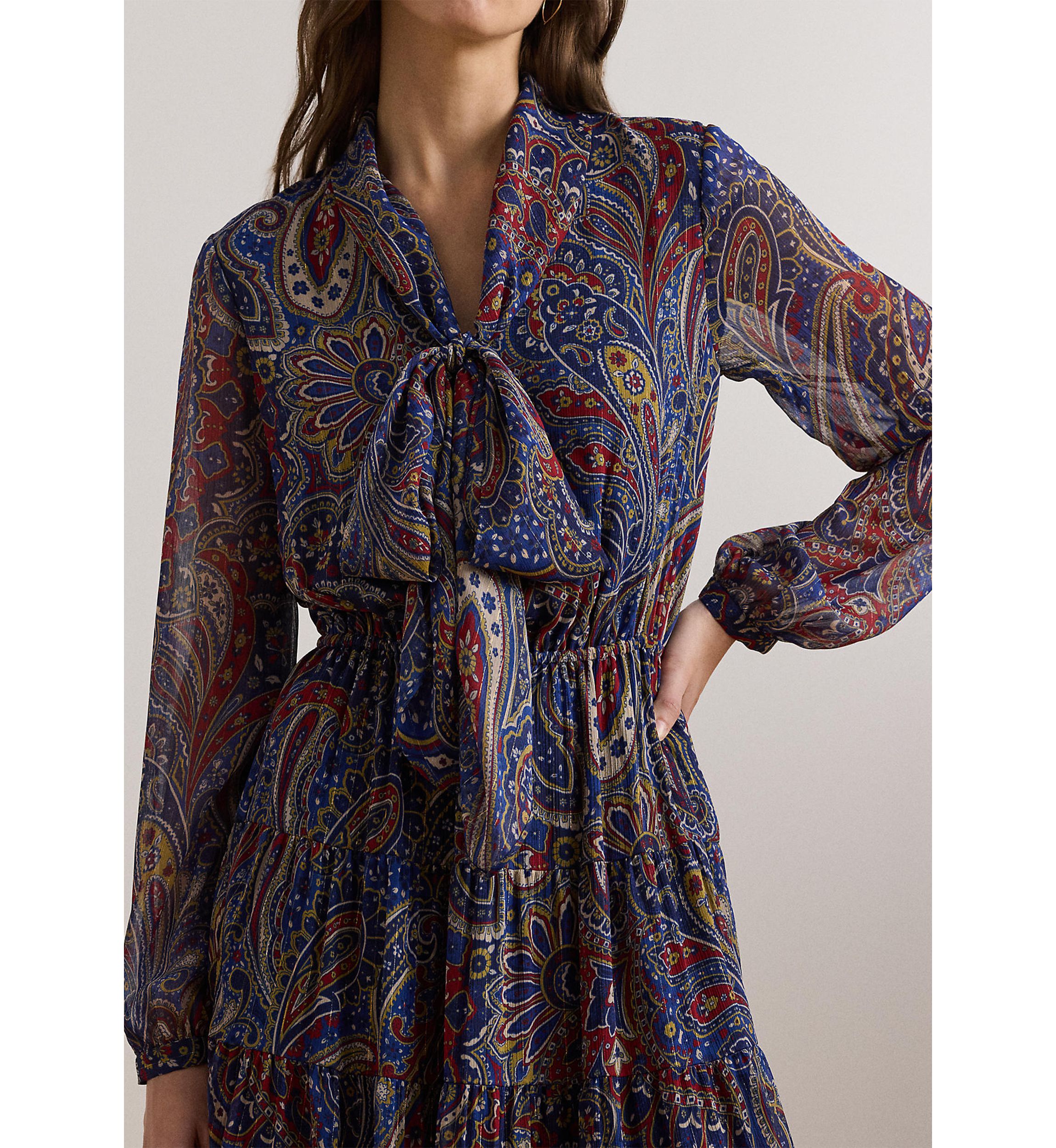 Womens Paisley Chiffon Tiered Tie-Neck Dress