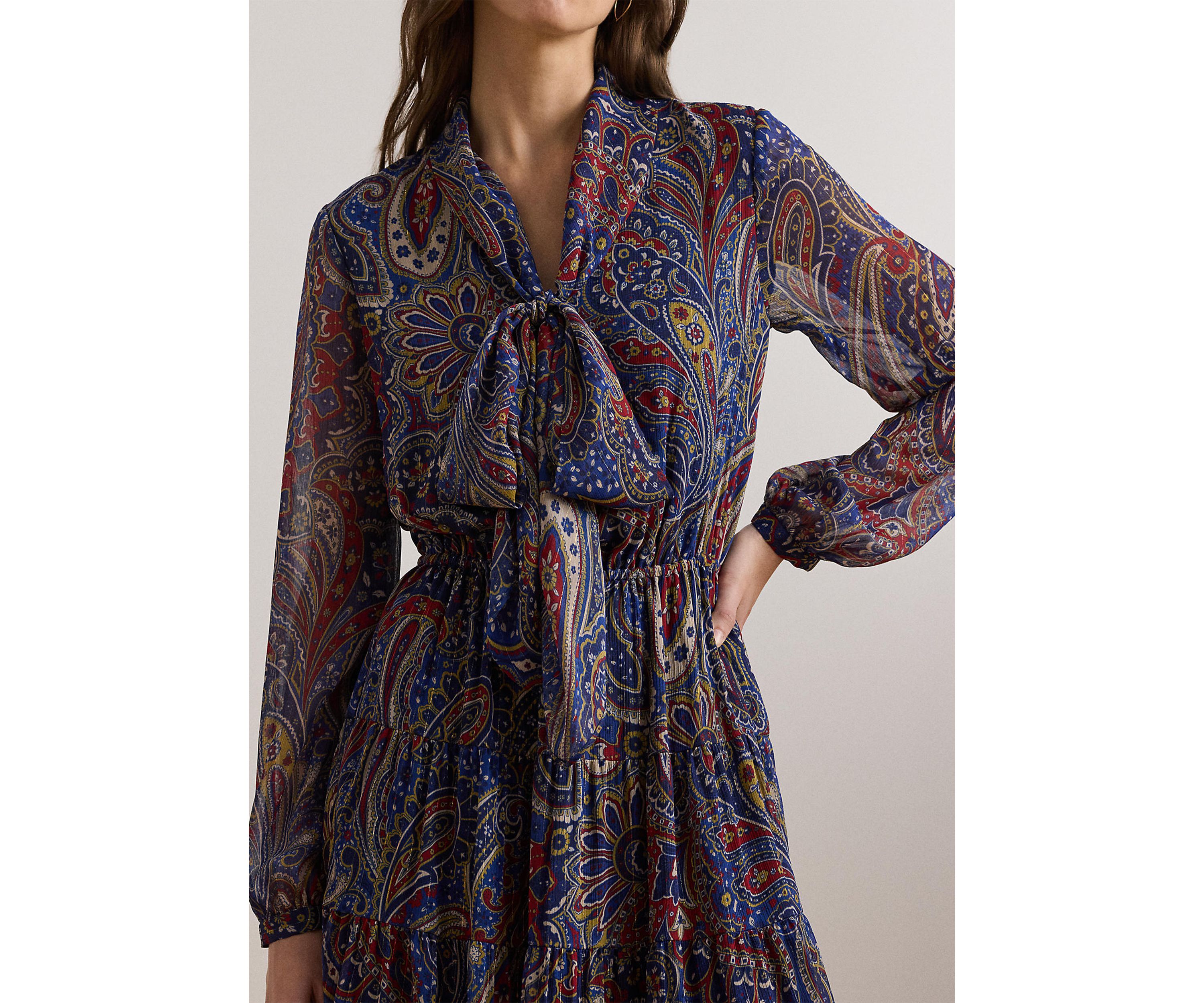 Womens Paisley Chiffon Tiered Tie-Neck Dress