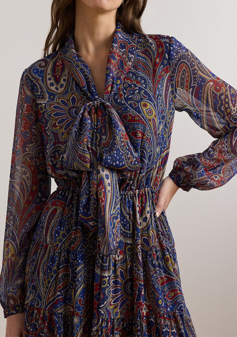 Womens Paisley Chiffon Tiered Tie-Neck Dress
