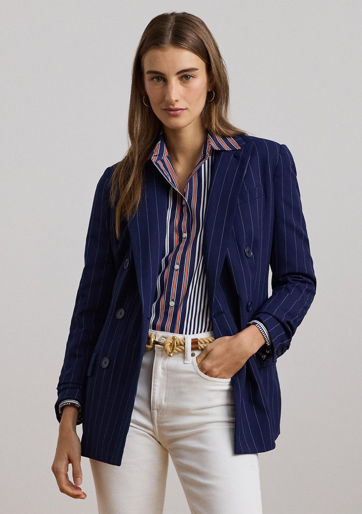 Womens Pinstripe Double-Breasted Twill Blazer