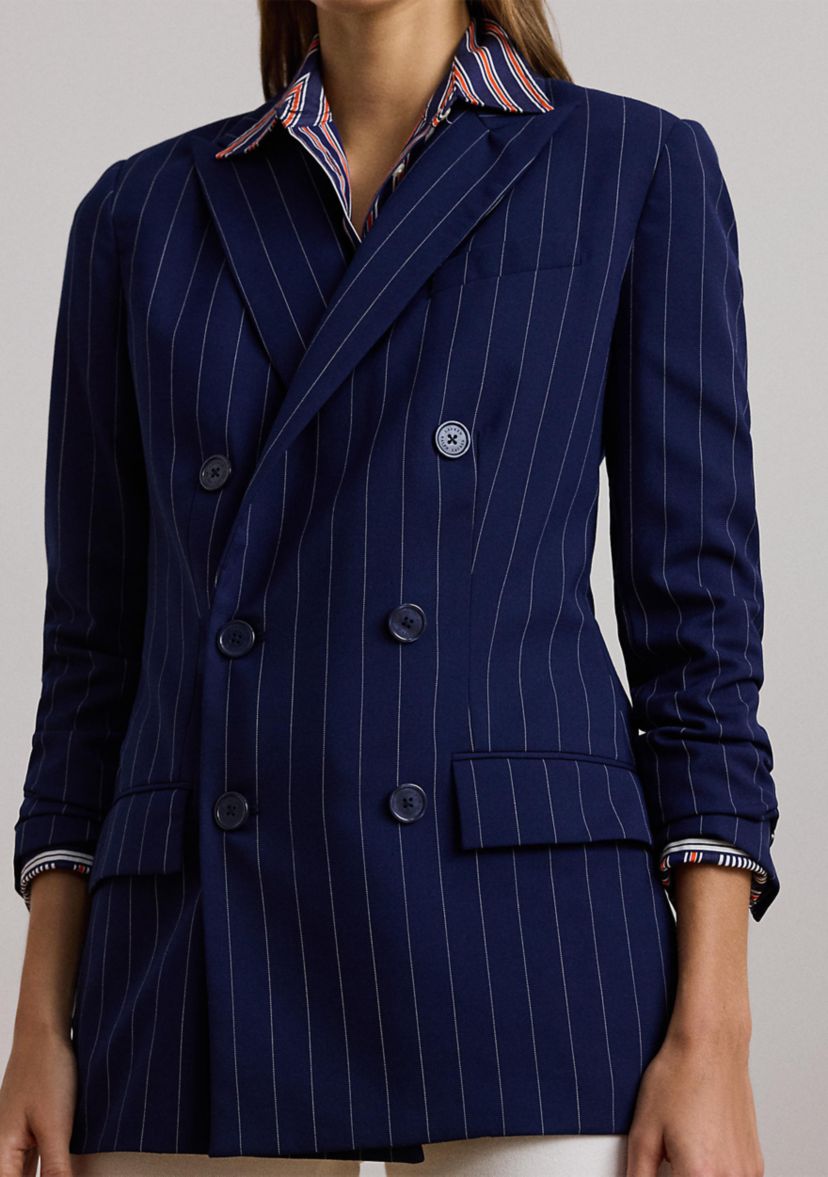 Womens Pinstripe Double-Breasted Twill Blazer