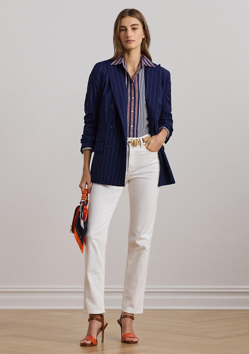 Womens Pinstripe Double-Breasted Twill Blazer