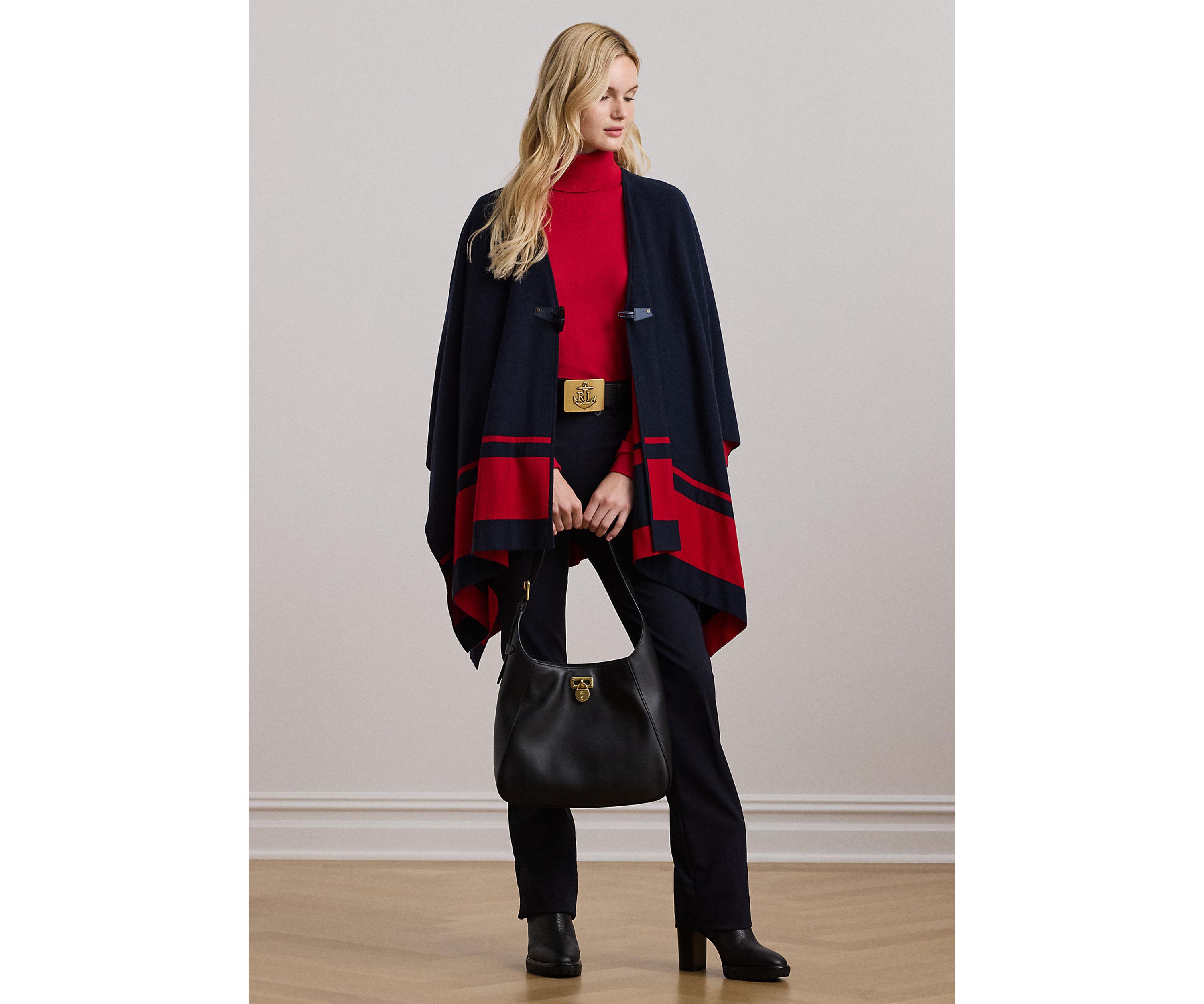 Womens Intarsia-Knit Two-Tone Poncho