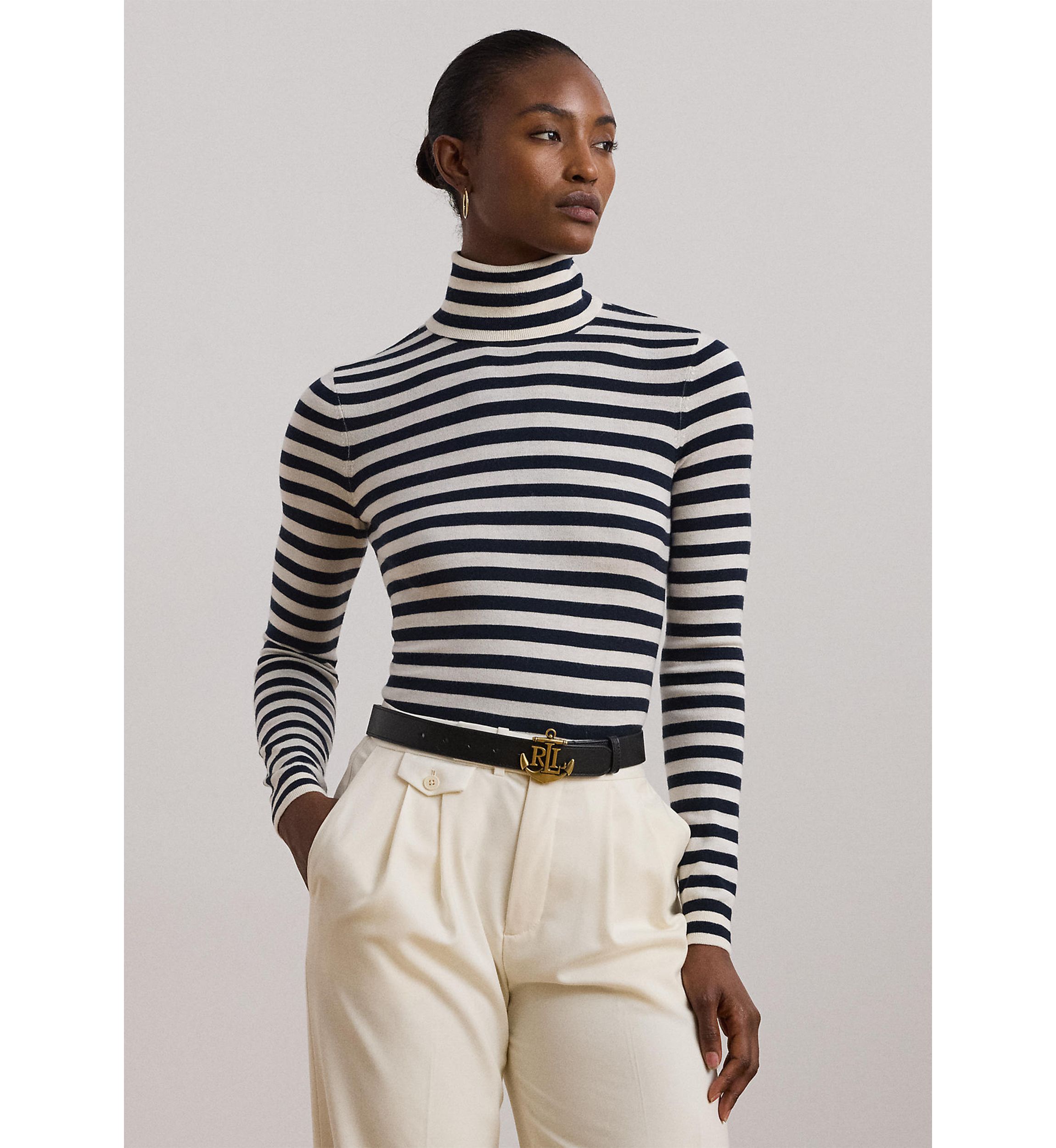 Womens Striped Silk-Blend Turtleneck Sweater