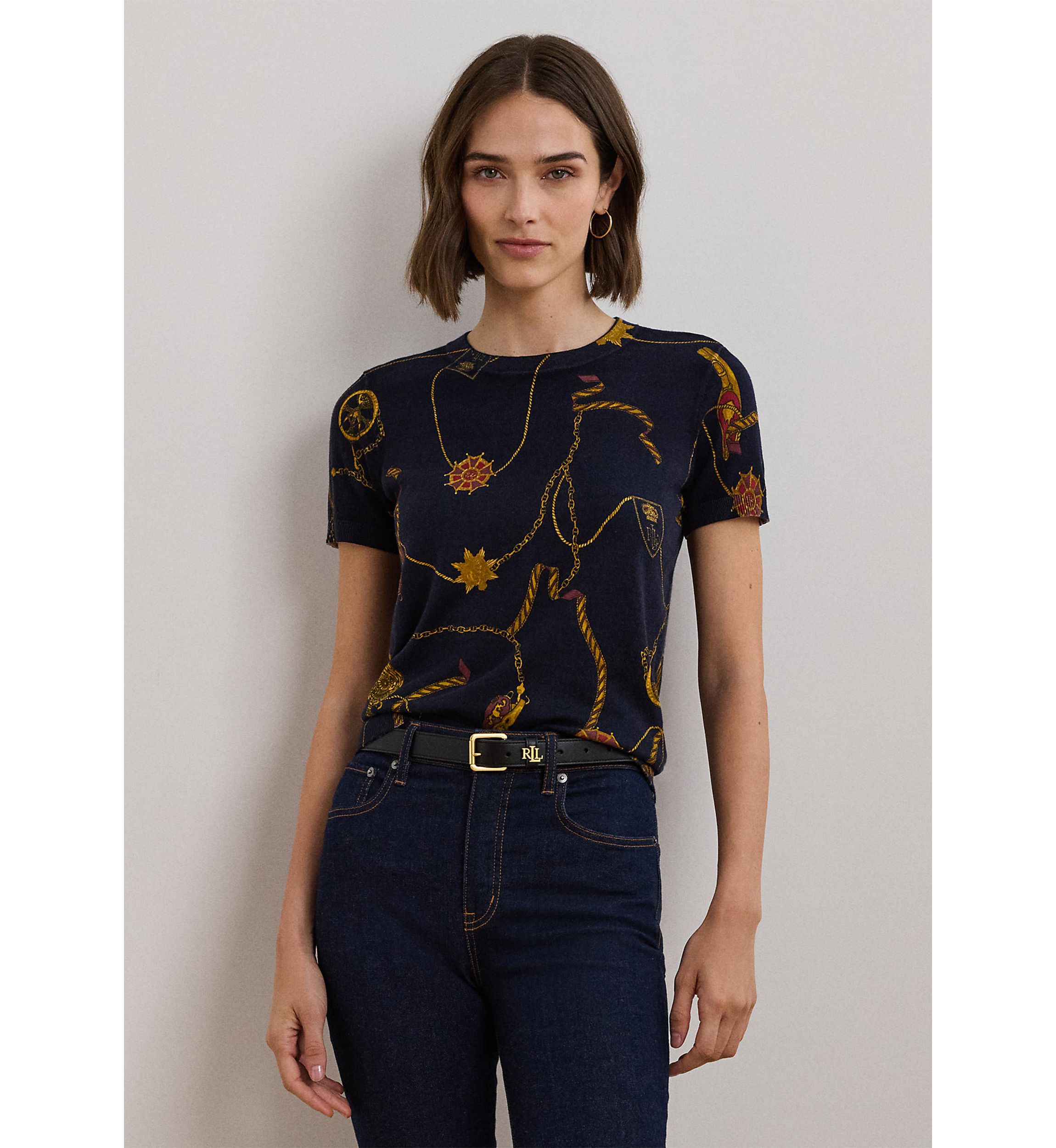 Womens Print Cotton-Blend Short-Sleeve Sweater