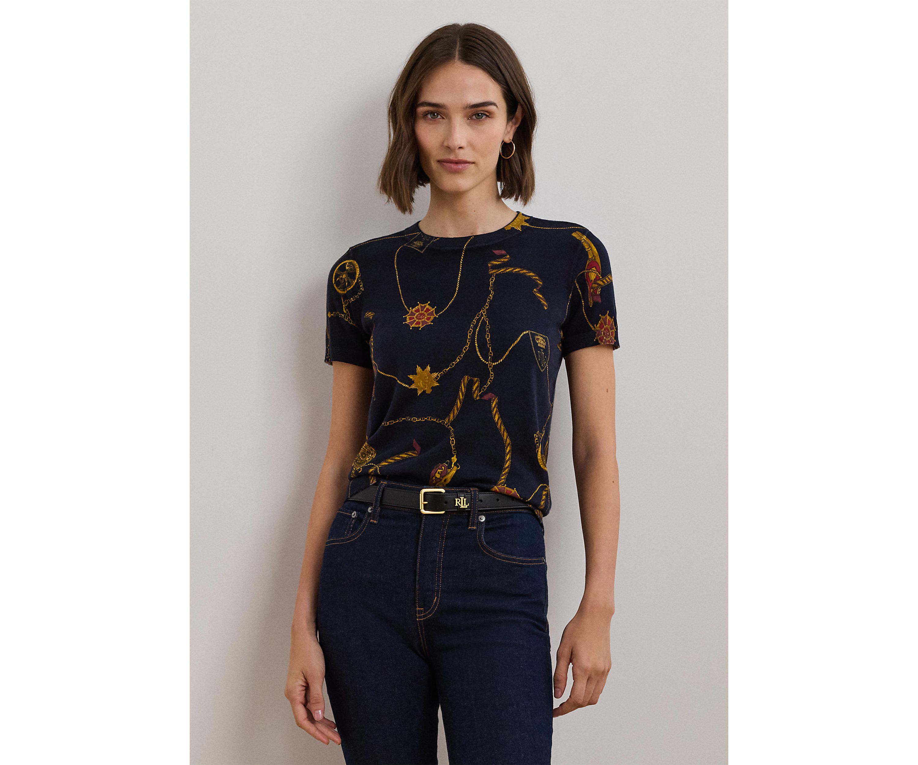Womens Print Cotton-Blend Short-Sleeve Sweater