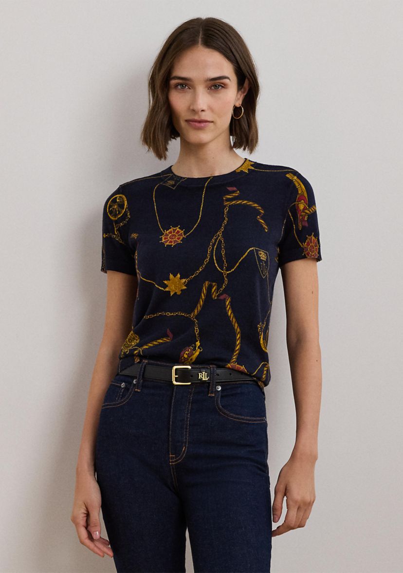 Womens Print Cotton-Blend Short-Sleeve Sweater