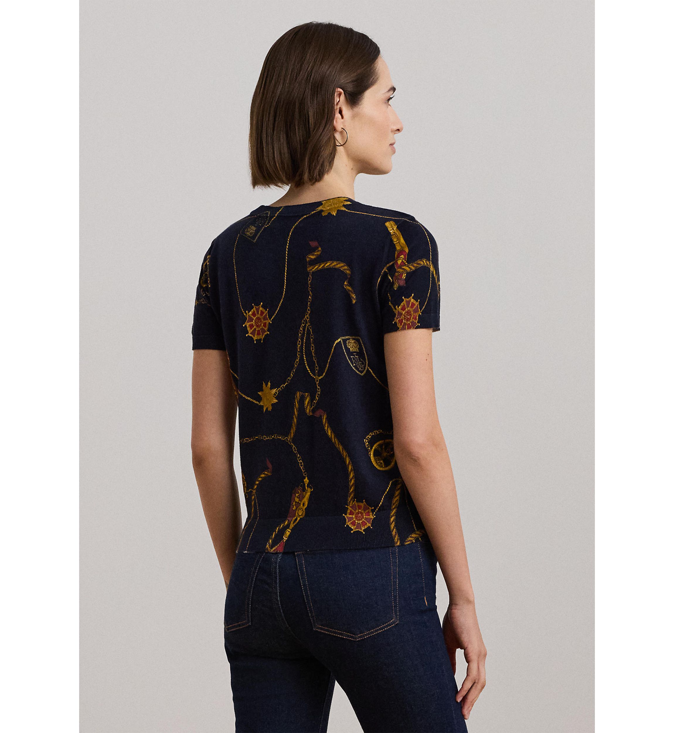 Womens Print Cotton-Blend Short-Sleeve Sweater