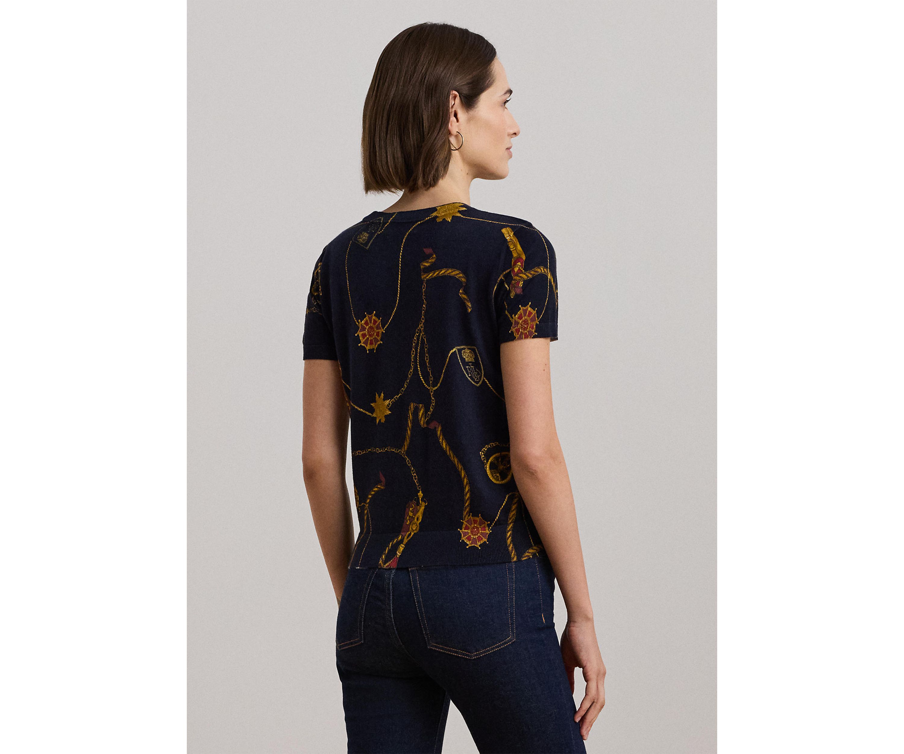 Womens Print Cotton-Blend Short-Sleeve Sweater