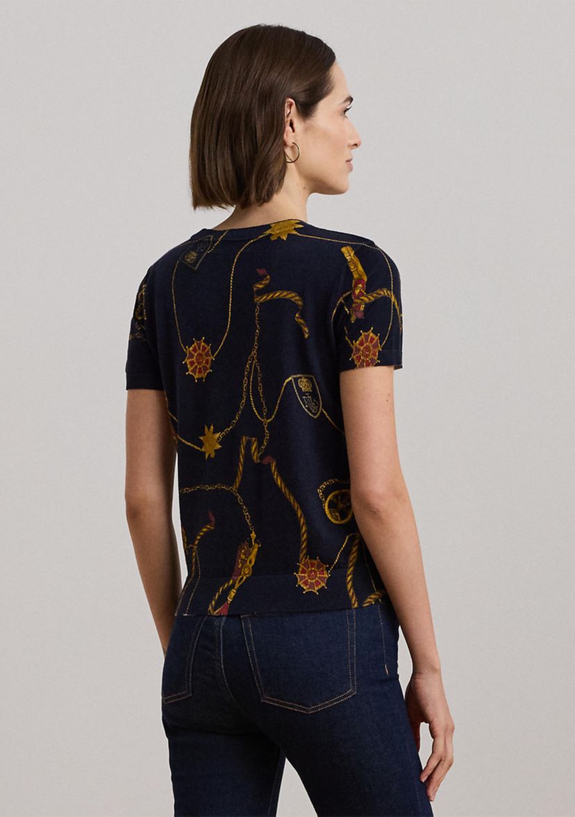 Womens Print Cotton-Blend Short-Sleeve Sweater