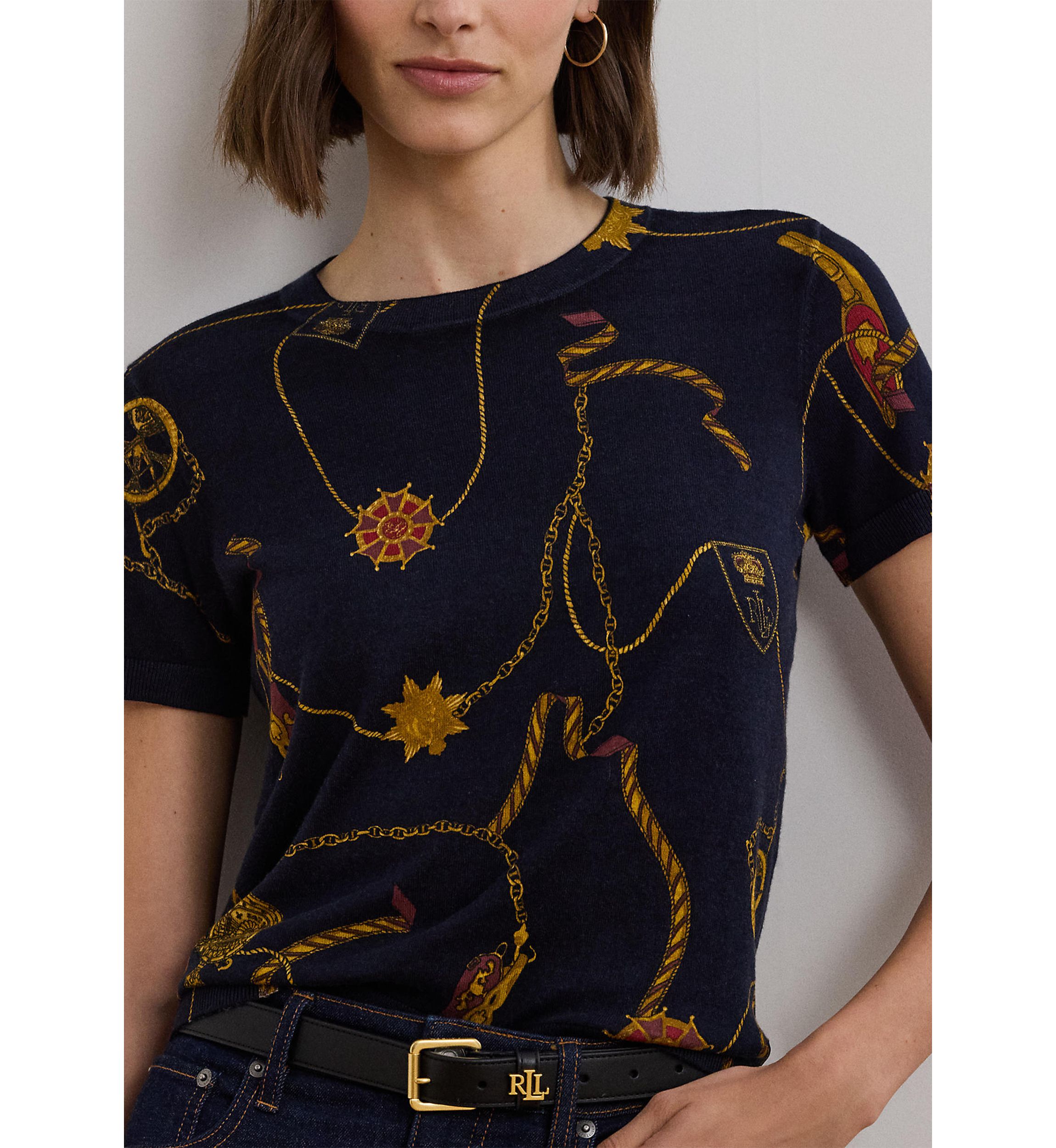 Womens Print Cotton-Blend Short-Sleeve Sweater
