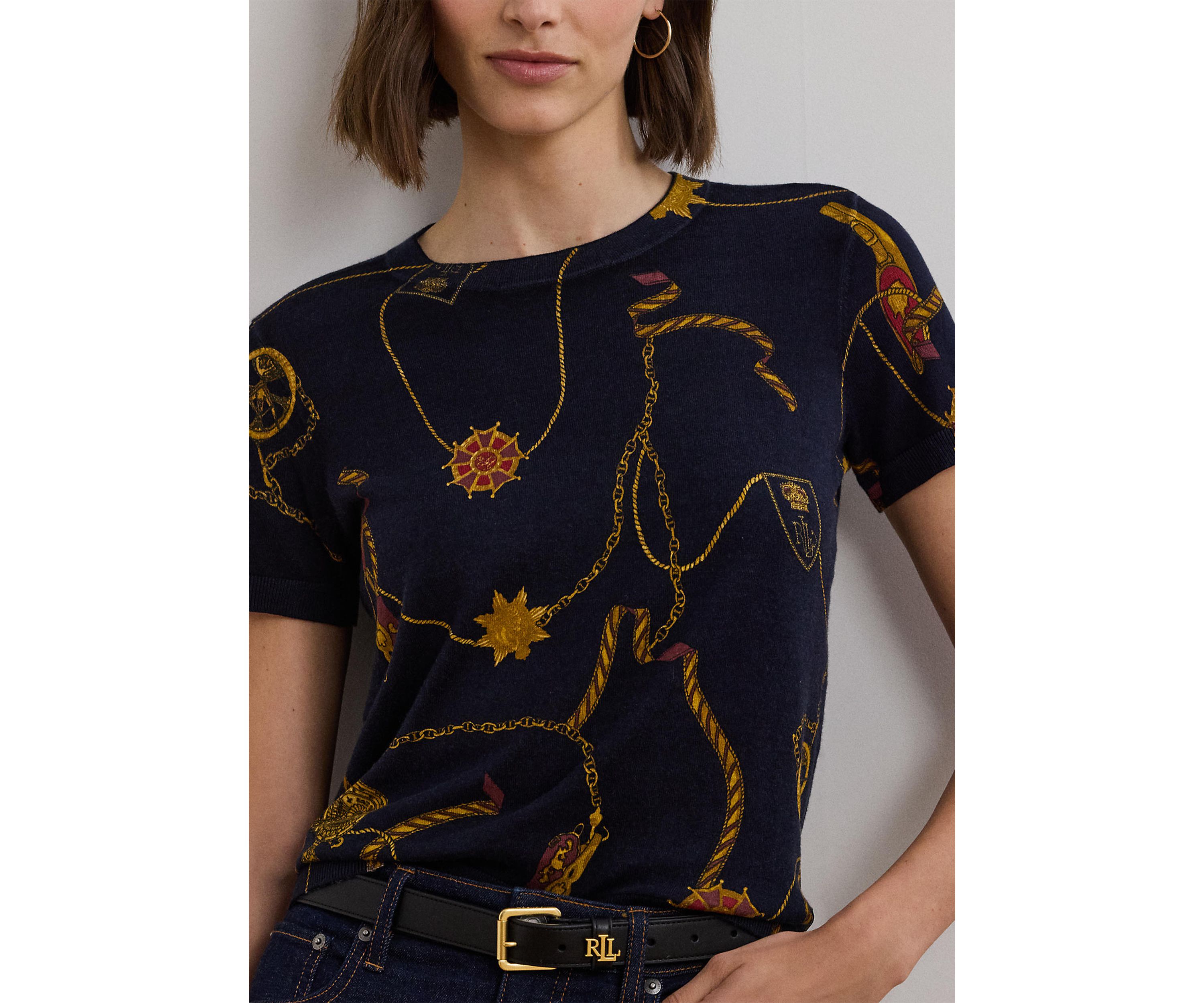 Womens Print Cotton-Blend Short-Sleeve Sweater