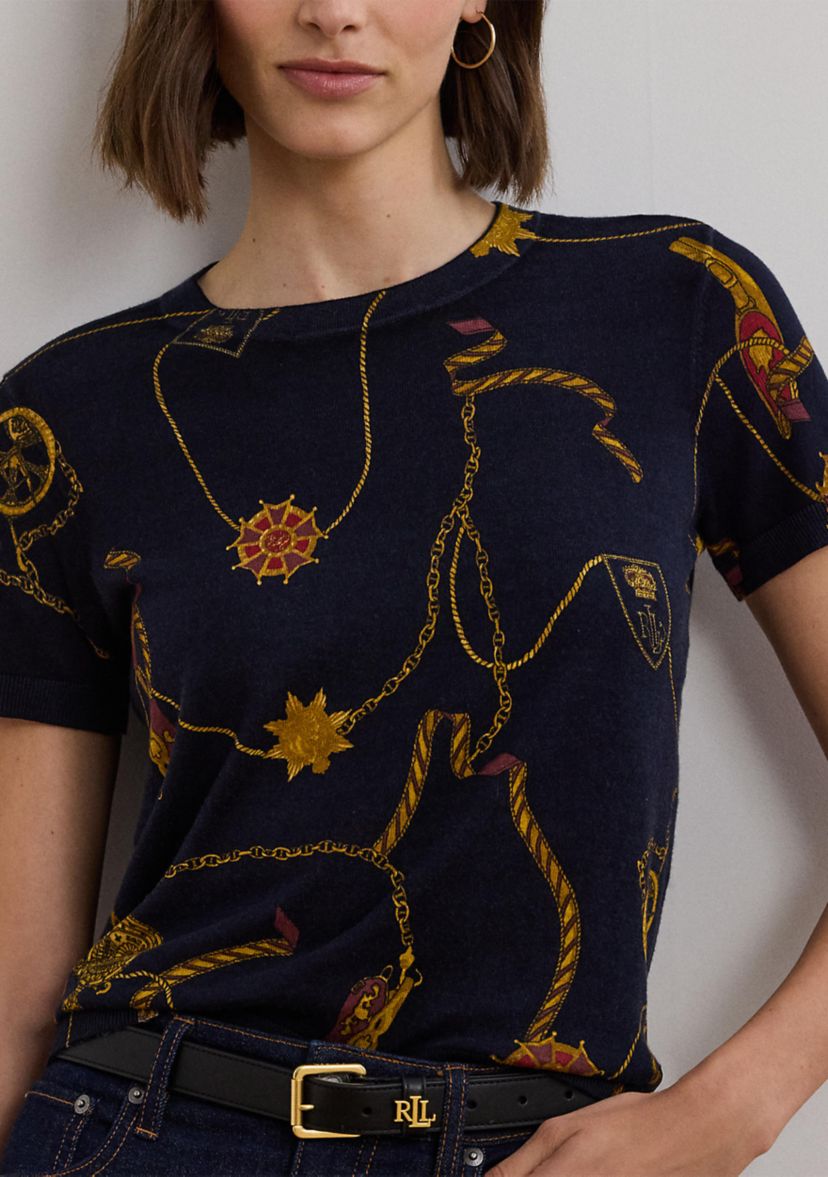 Womens Print Cotton-Blend Short-Sleeve Sweater