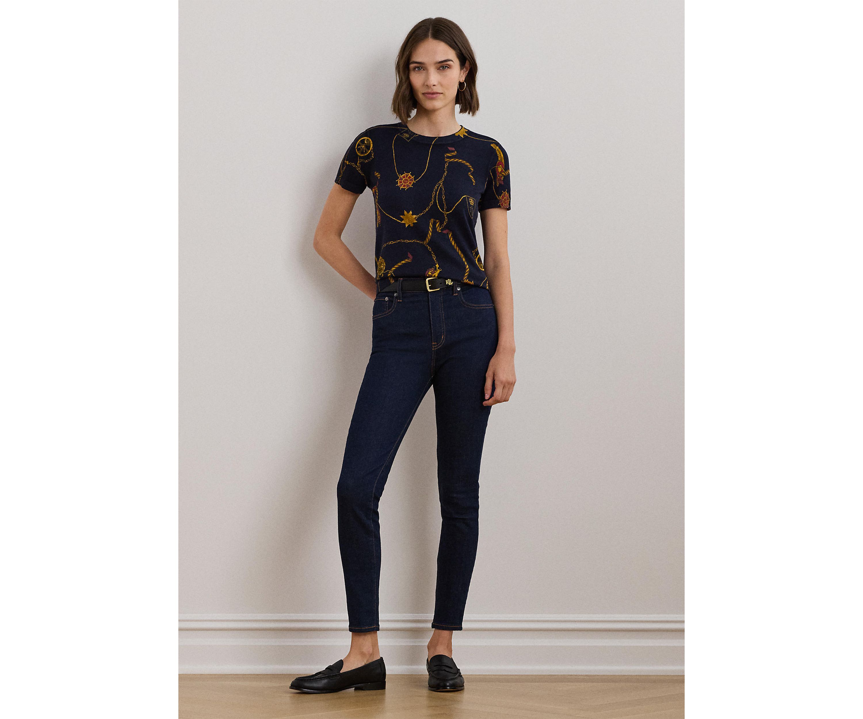Womens Print Cotton-Blend Short-Sleeve Sweater