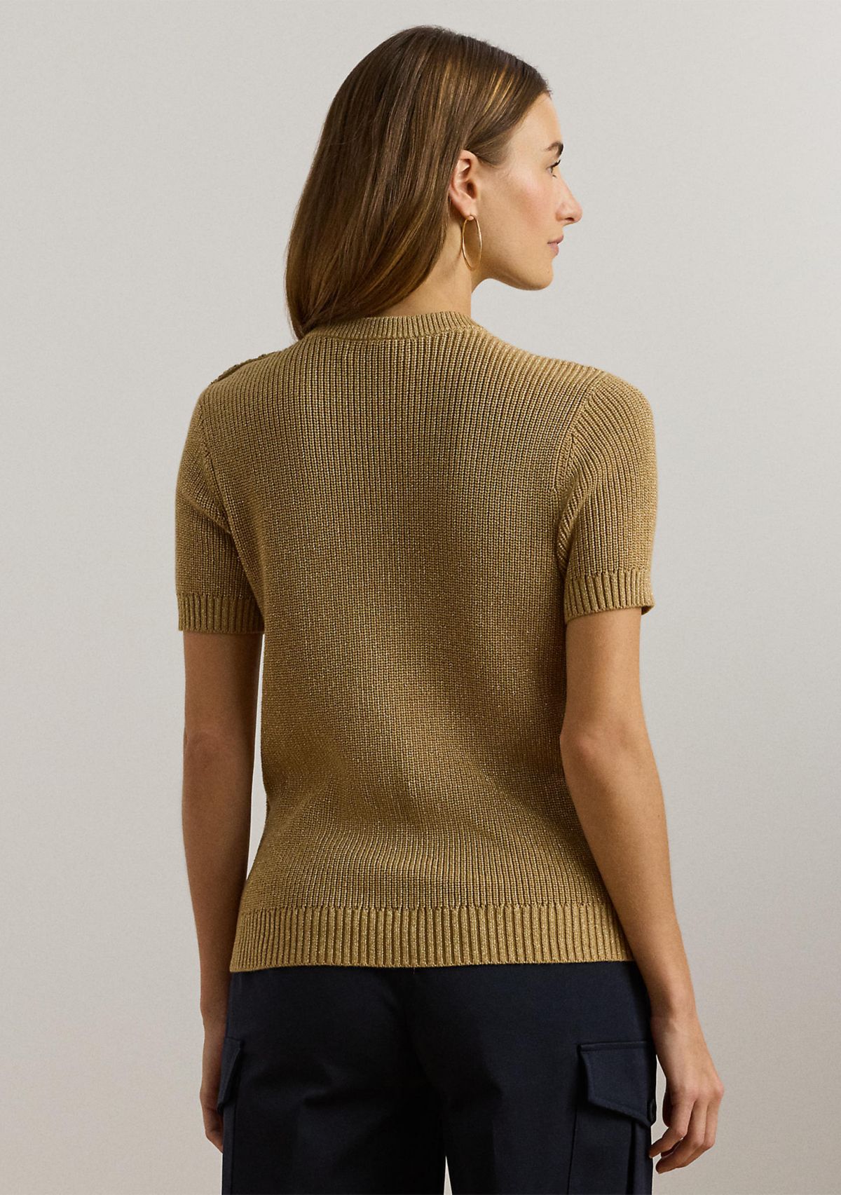Womens Metallic Ribbed Short-Sleeve Sweater