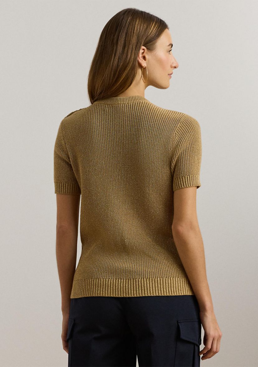 Womens Metallic Ribbed Short-Sleeve Sweater