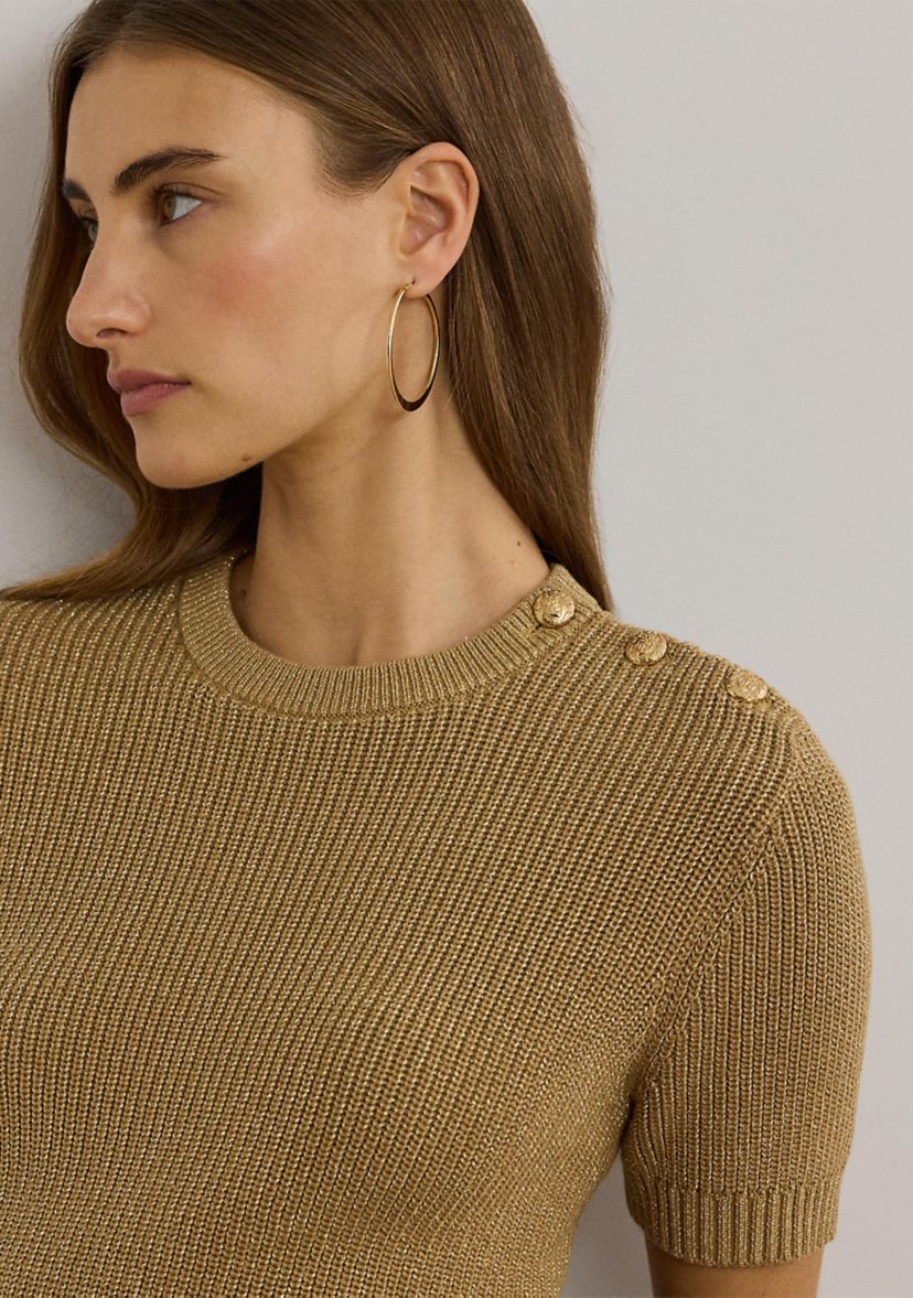 Womens Metallic Ribbed Short-Sleeve Sweater