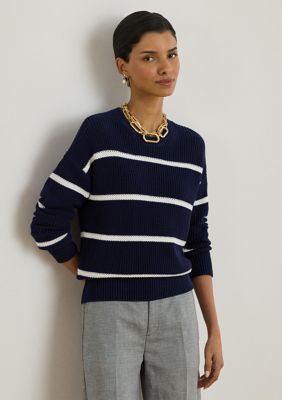 Lauren Ralph Lauren Women's Striped Rib-Knit Cotton Crewneck Sweater