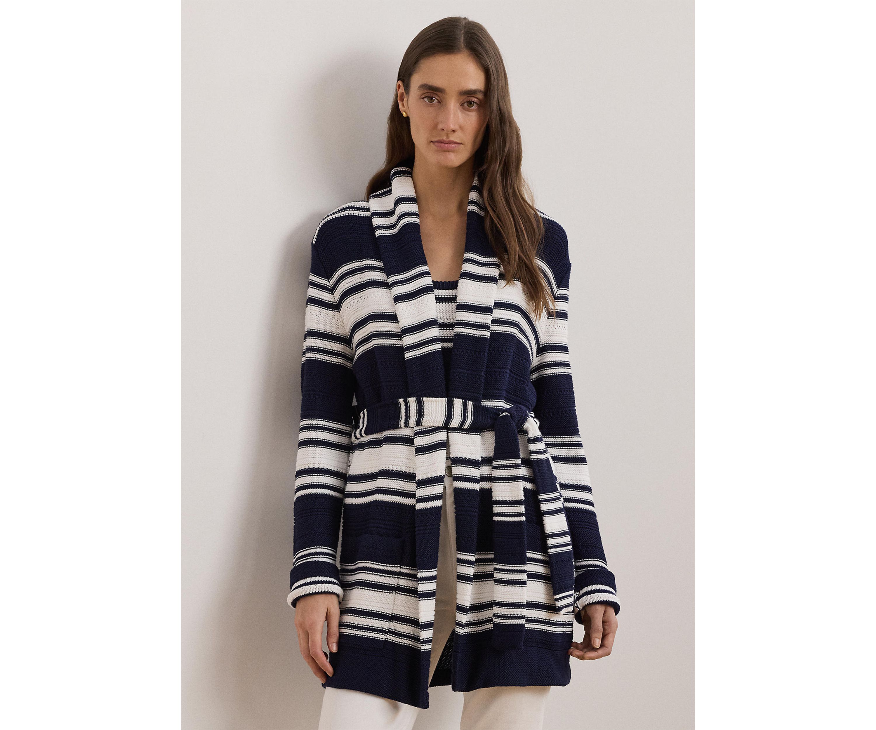 Striped Belted Cotton Blend Cardigan