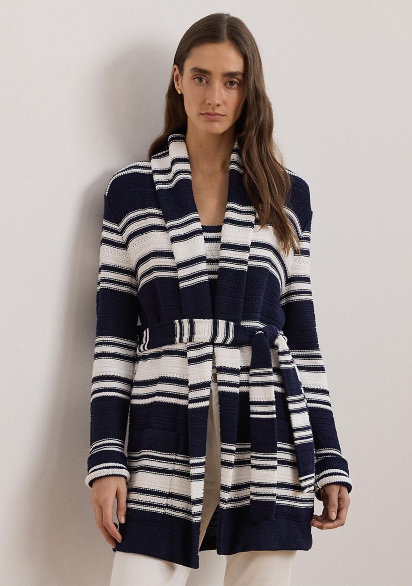 Striped Belted Cotton Blend Cardigan