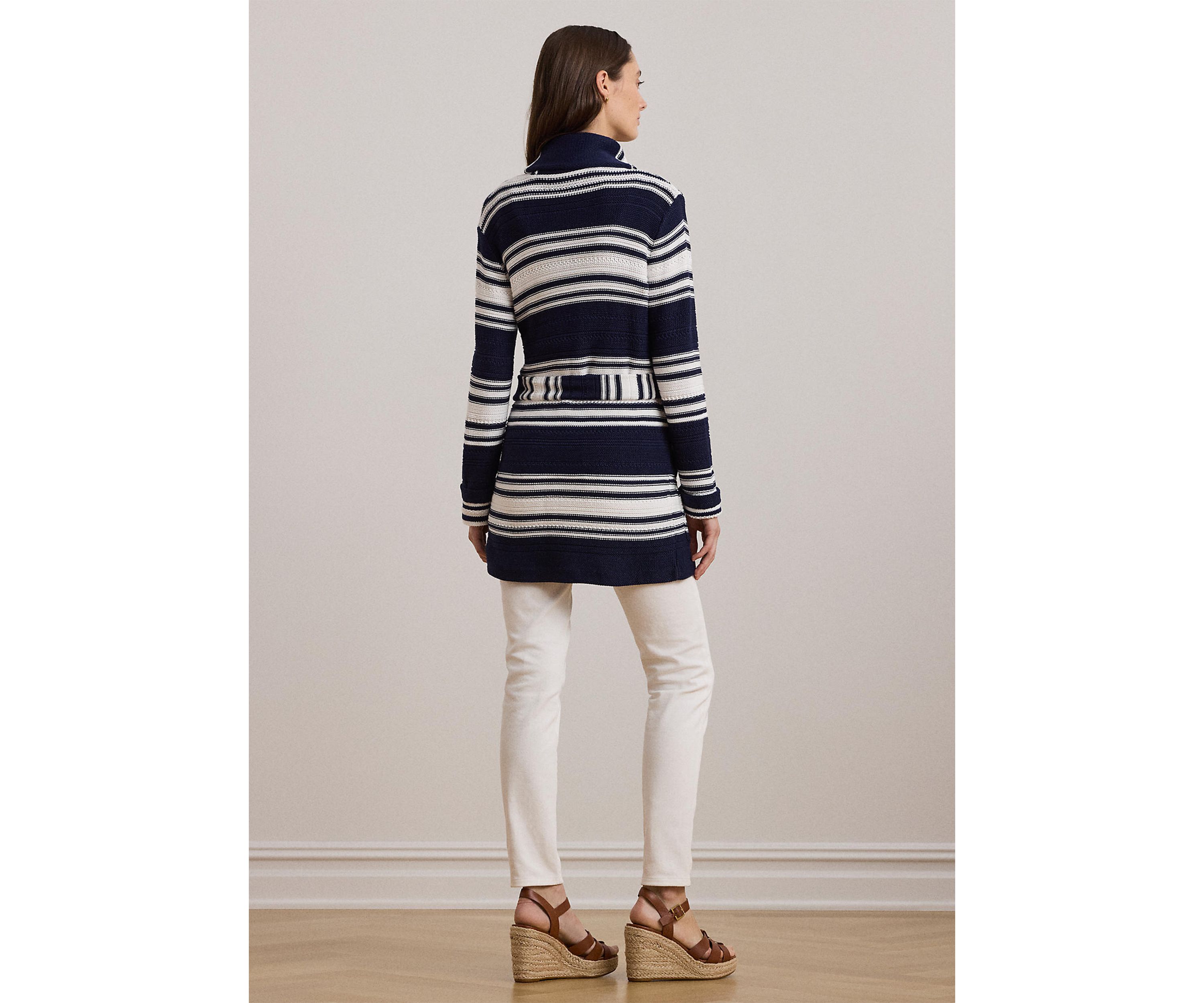 Striped Belted Cotton Blend Cardigan