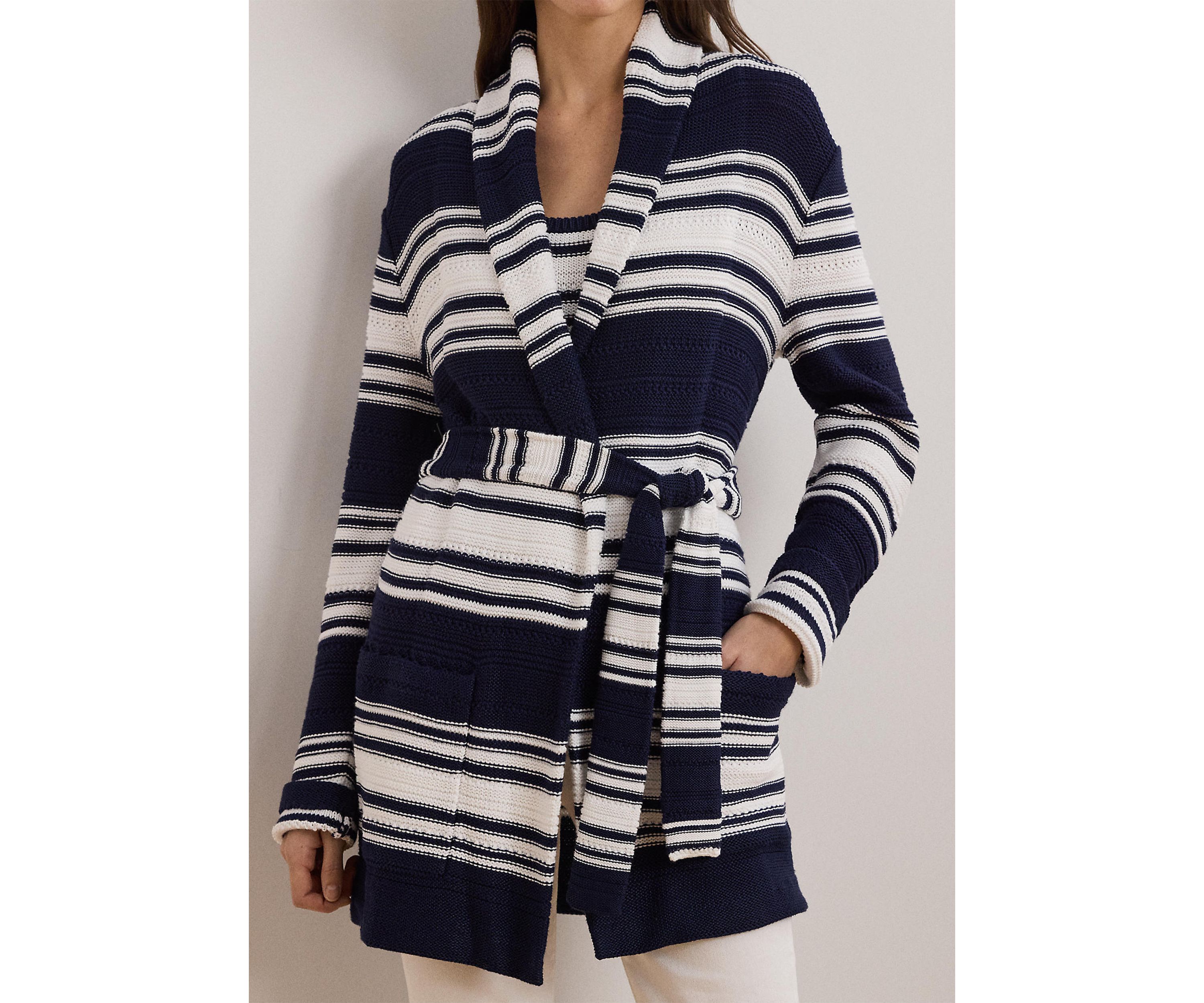 Striped Belted Cotton Blend Cardigan