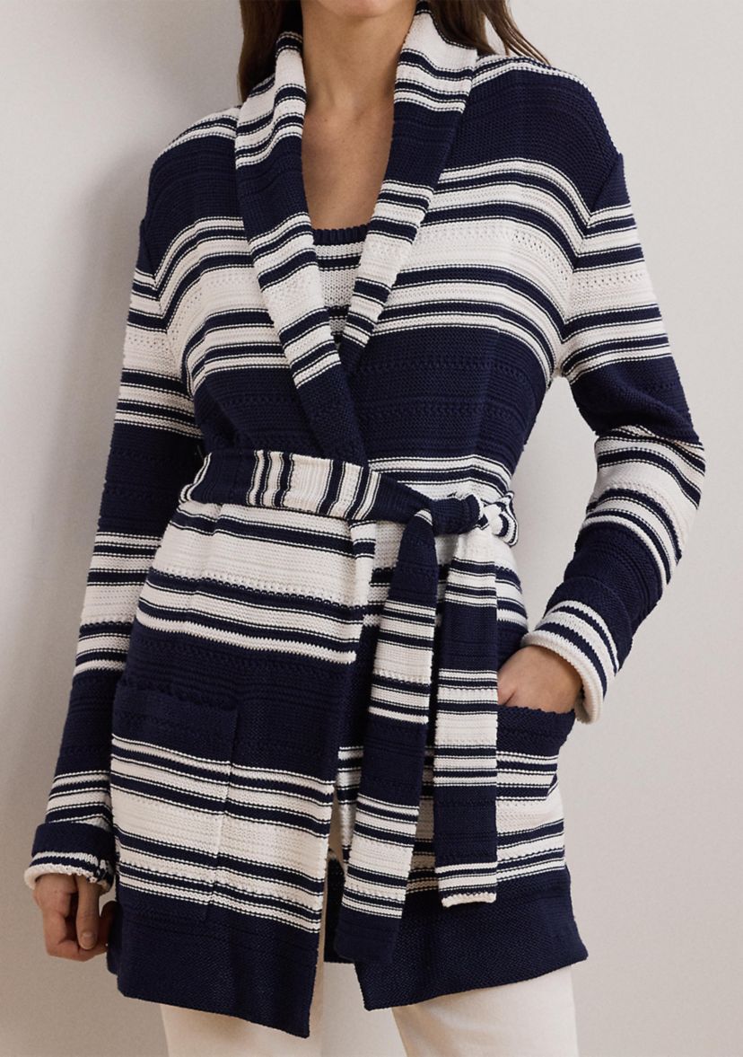 Striped Belted Cotton Blend Cardigan