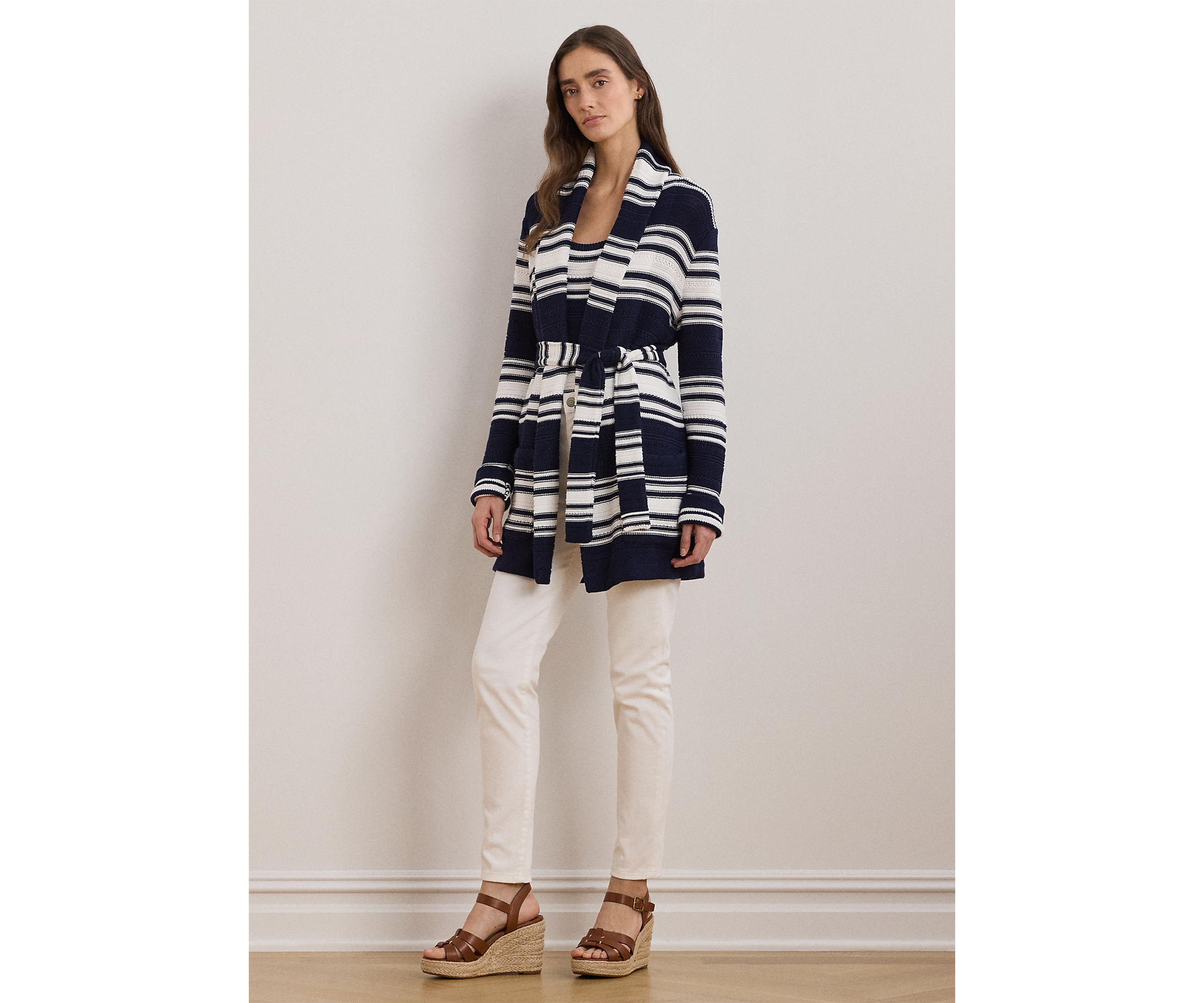 Striped Belted Cotton Blend Cardigan