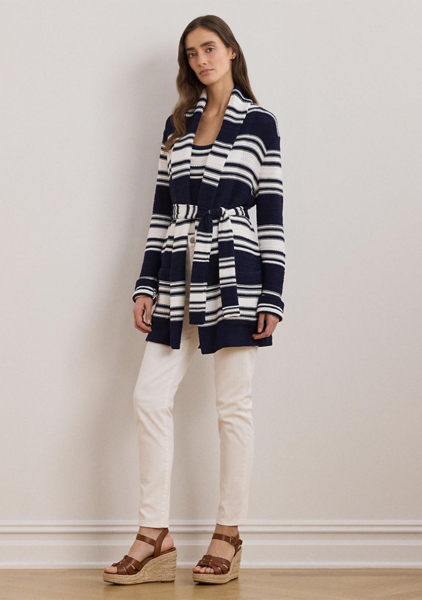 Striped Belted Cotton Blend Cardigan