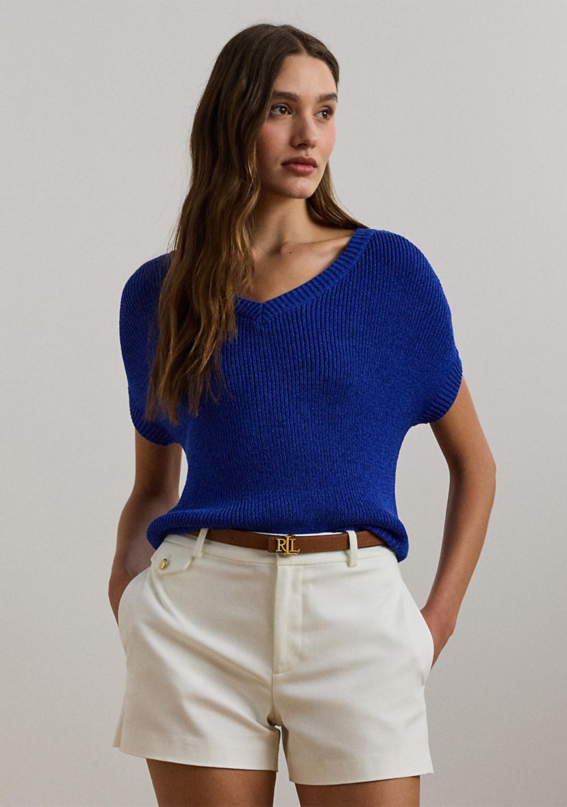 Rib Knit Short Sleeve V-Neck Sweater
