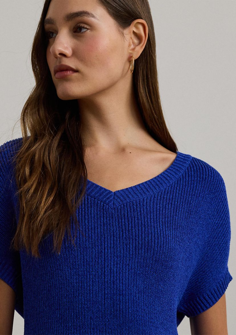 Rib Knit Short Sleeve V-Neck Sweater