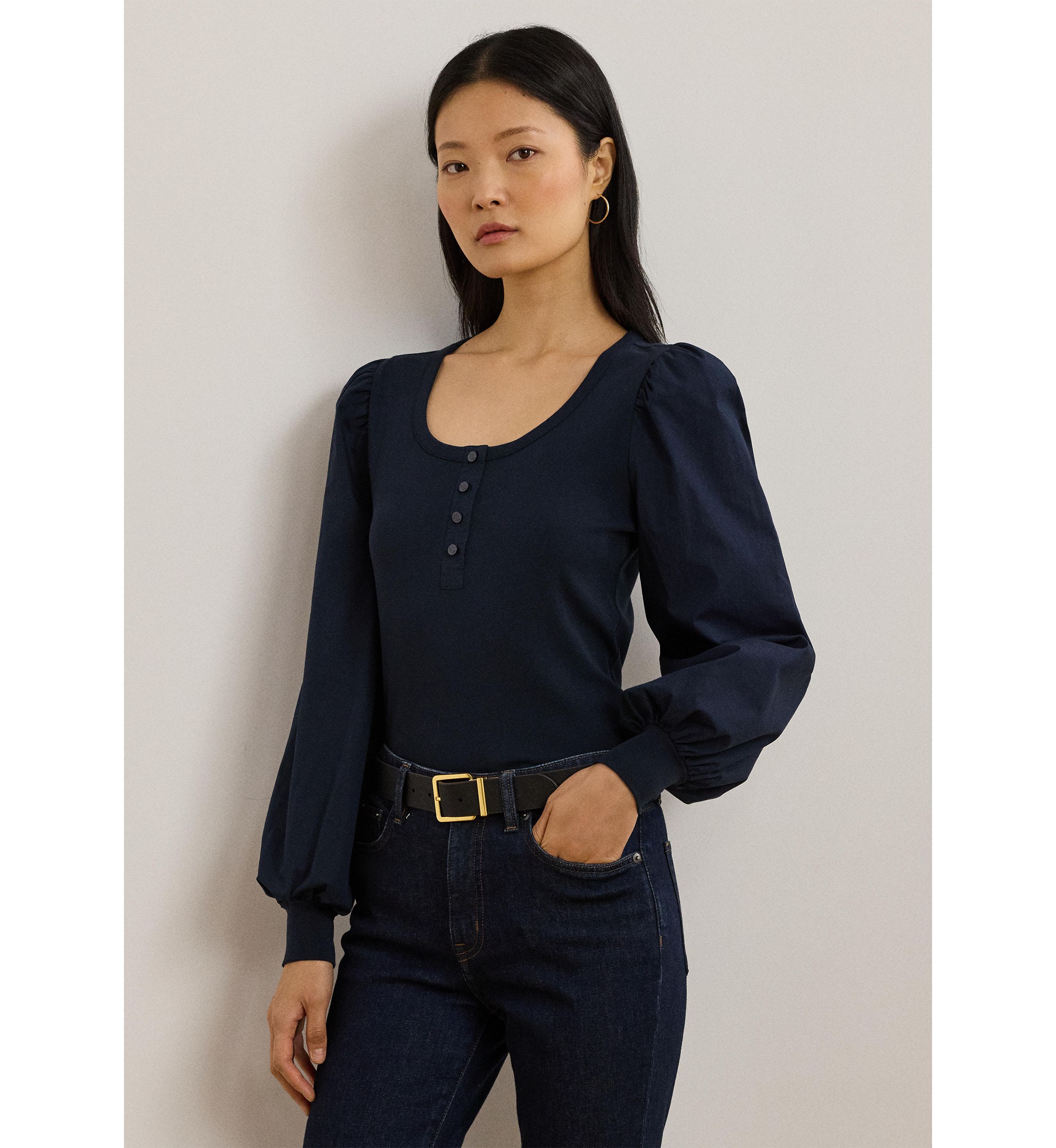Womens Stretch Cotton Puff-Sleeve Henley Top