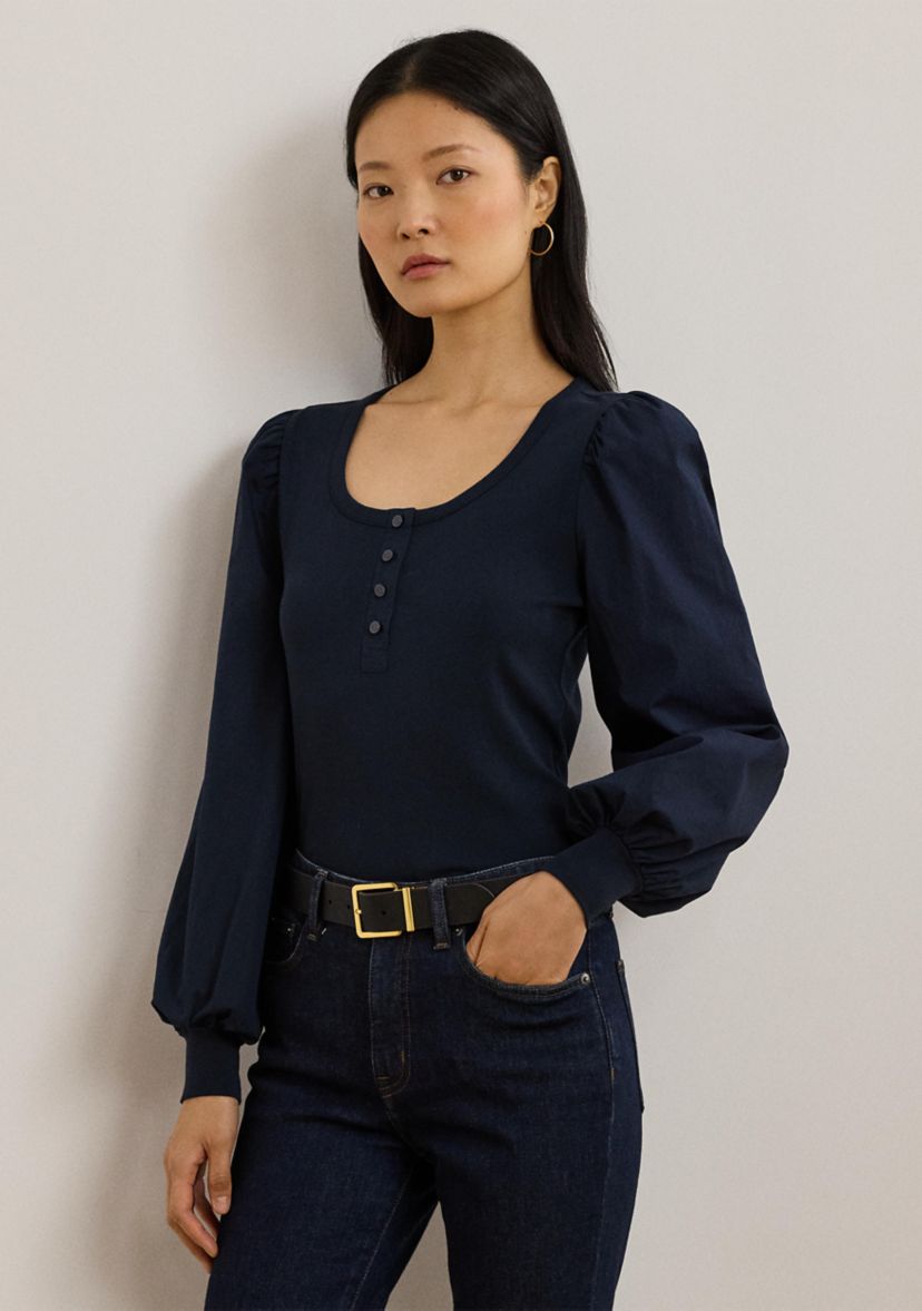 Womens Stretch Cotton Puff-Sleeve Henley Top